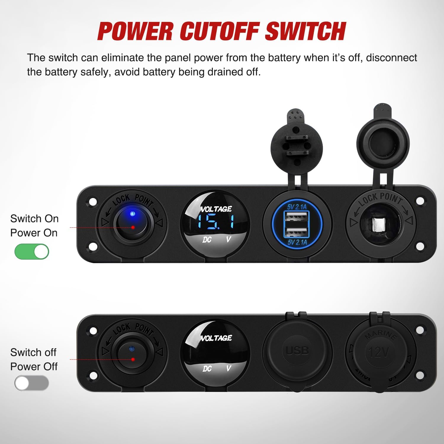 Nilight 4 in 1 Outlet Socket Panel 12V DC 4.8A Dual USB 12 Volt Cigarette Lighter LED Voltmeter ON Off Rocker Toggle Switch for Marine Boat Truck Car