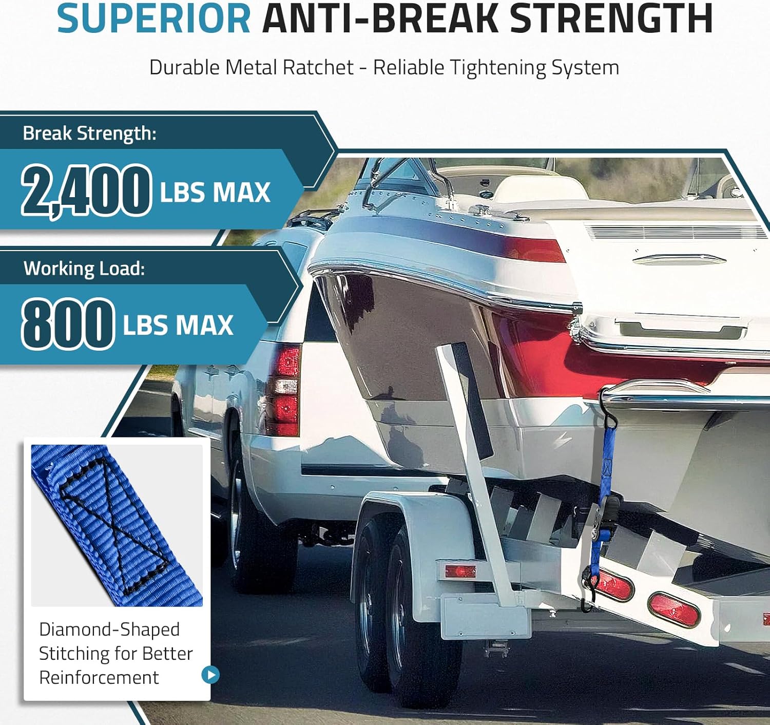 PAULINN Boat Trailer Tie-Downs Straps 1 Inch x 4 FT, 2400 LBS Heavy Duty Adjustable Transom Tie Down Straps Ratchet w/Quick Release Buckle & Anti-Scratch Hooks, for Trailer Marine Jet Ski Pontoon