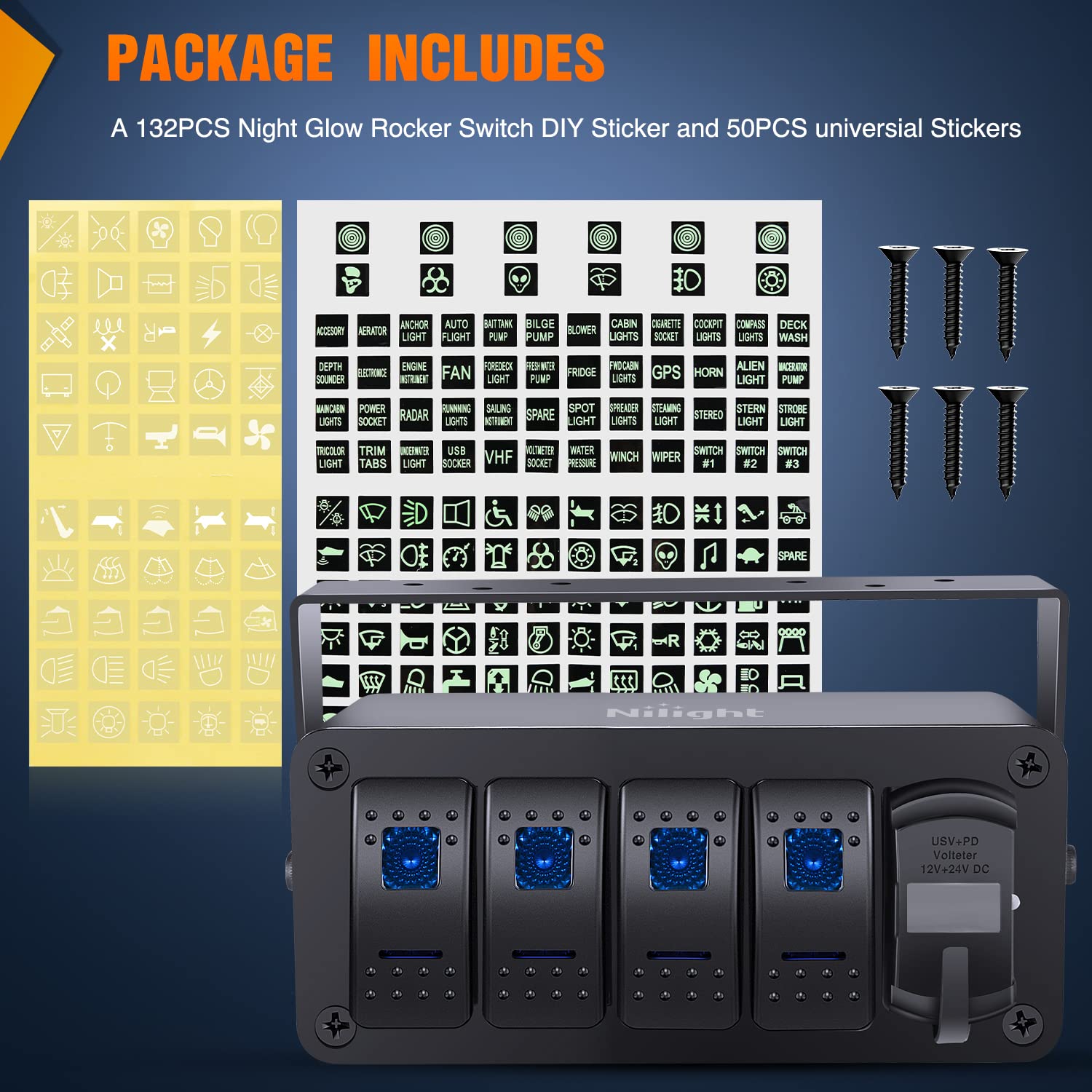 Nilight 4 Gang Rocker Switch Box 12V SPST ON Off PD Type C and QC 3.0 USB Charger Voltmeter Waterproof Aluminum Panel DIY Stickers for Boats Cars RVs Trucks - Image 4