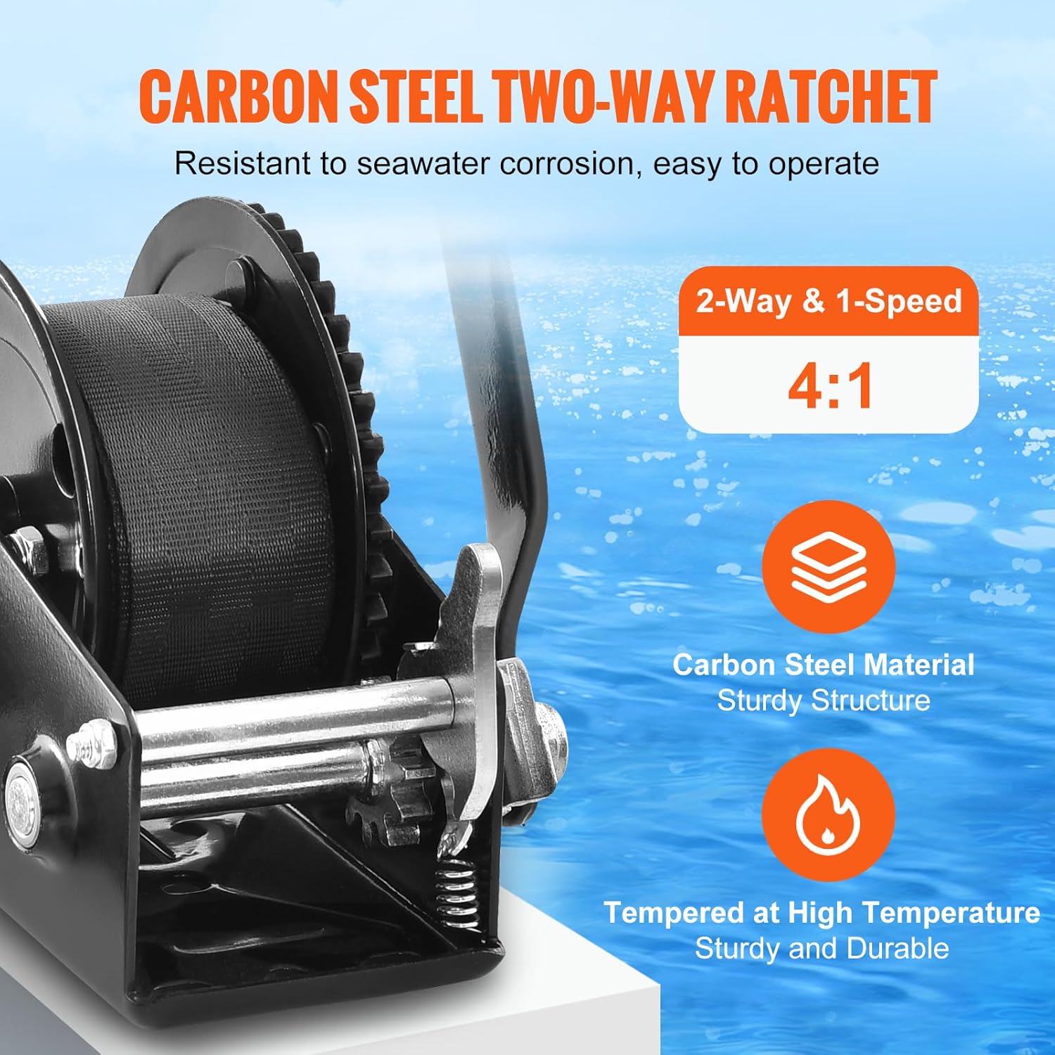 VEVOR Boat Winch,1200 lbs Capacity Hand Boat Trailer Winch Heavy Duty Rope Crank with 23 ft Polyester Strap and Two-Way Ratchet, Manual Operated Hand Crank Winch for Trailer, Boat or ATV Towing - Image 3