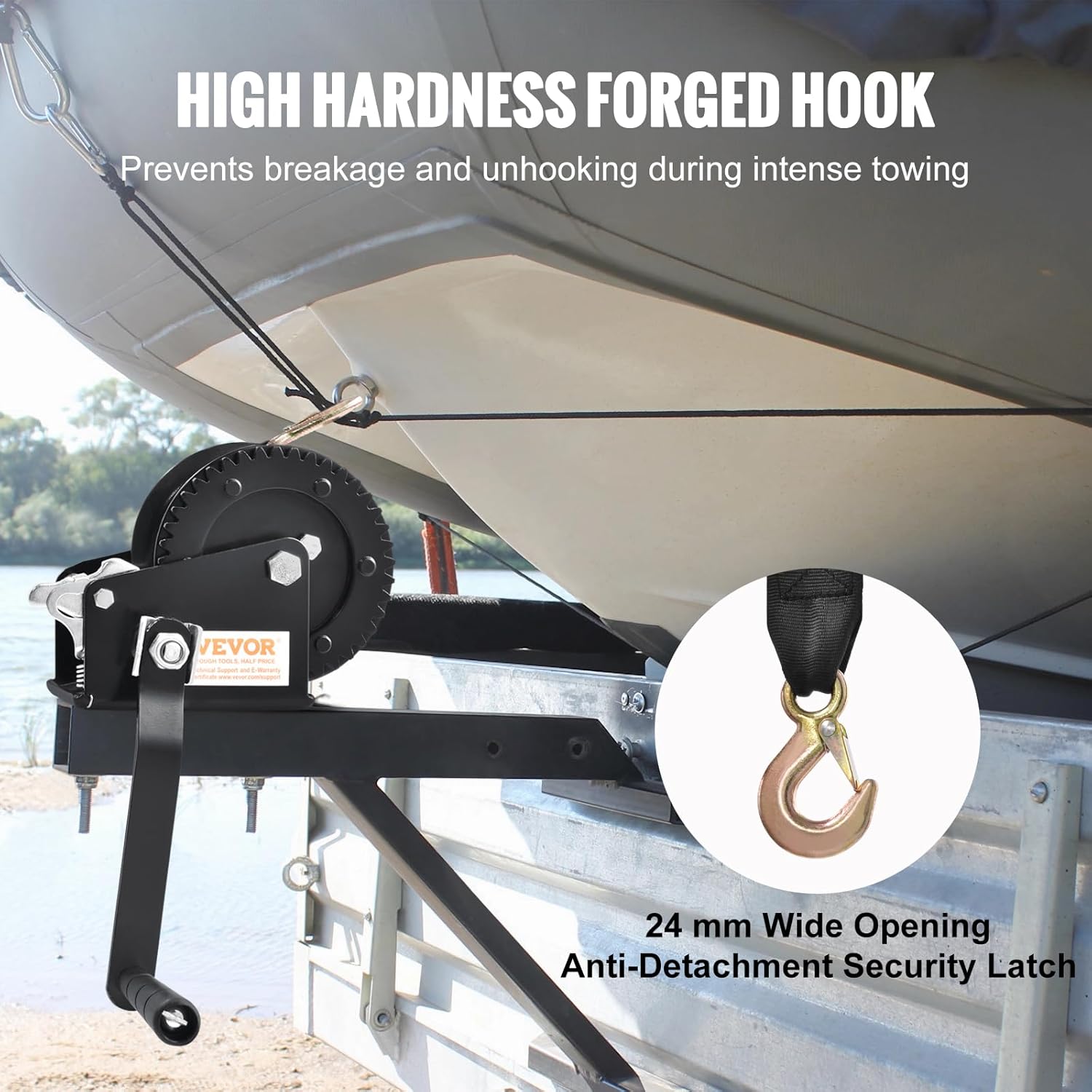 VEVOR Boat Winch,1200 lbs Capacity Hand Boat Trailer Winch Heavy Duty Rope Crank with 23 ft Polyester Strap and Two-Way Ratchet, Manual Operated Hand Crank Winch for Trailer, Boat or ATV Towing - Image 4