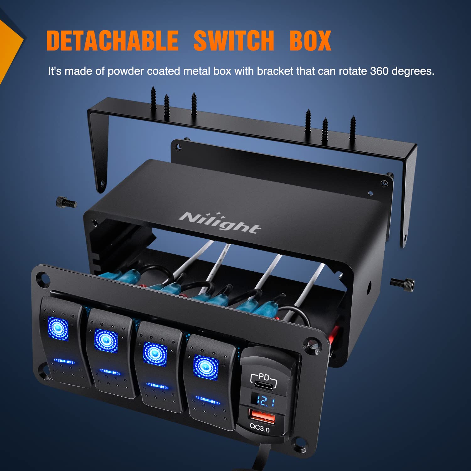 Nilight 4 Gang Rocker Switch Box 12V SPST ON Off PD Type C and QC 3.0 USB Charger Voltmeter Waterproof Aluminum Panel DIY Stickers for Boats Cars RVs Trucks - Image 7