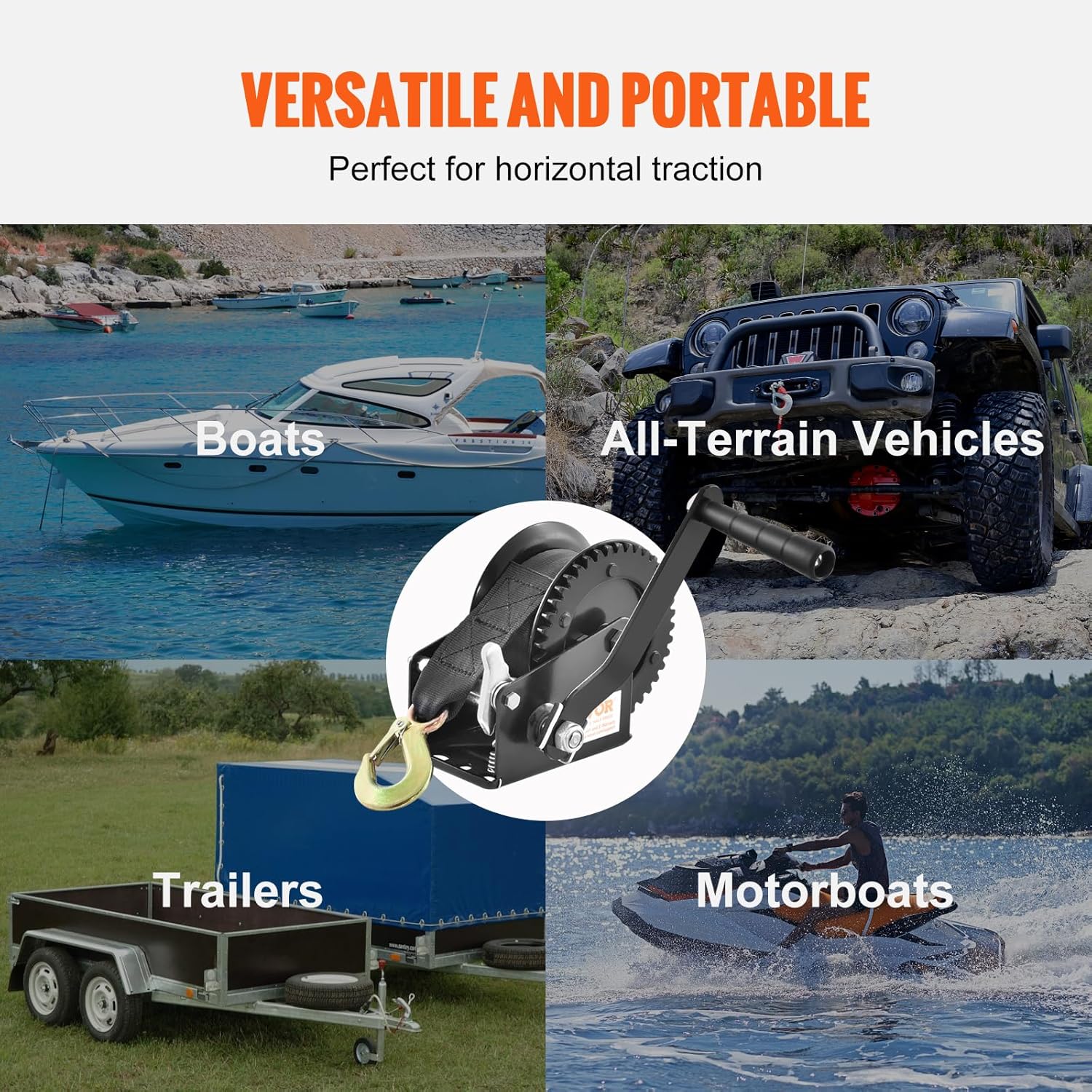 VEVOR Boat Winch,1200 lbs Capacity Hand Boat Trailer Winch Heavy Duty Rope Crank with 23 ft Polyester Strap and Two-Way Ratchet, Manual Operated Hand Crank Winch for Trailer, Boat or ATV Towing - Image 6