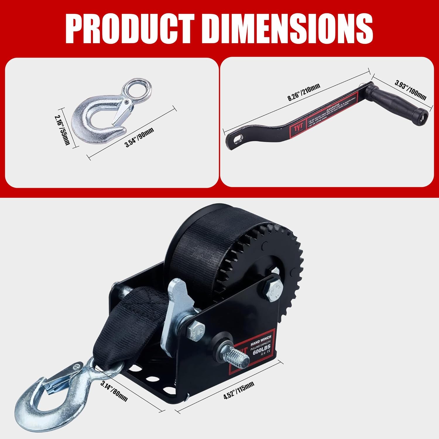 TYT 600LB Boat Trailer Winch with Black Polyester Strap, Anti-Slip Handle Crank Gear Hand Winch, Portable Two-Way Ratchet Forward & Backward Manual Rope Winch for ATV UTV Jet Ski Trailer Small Winch