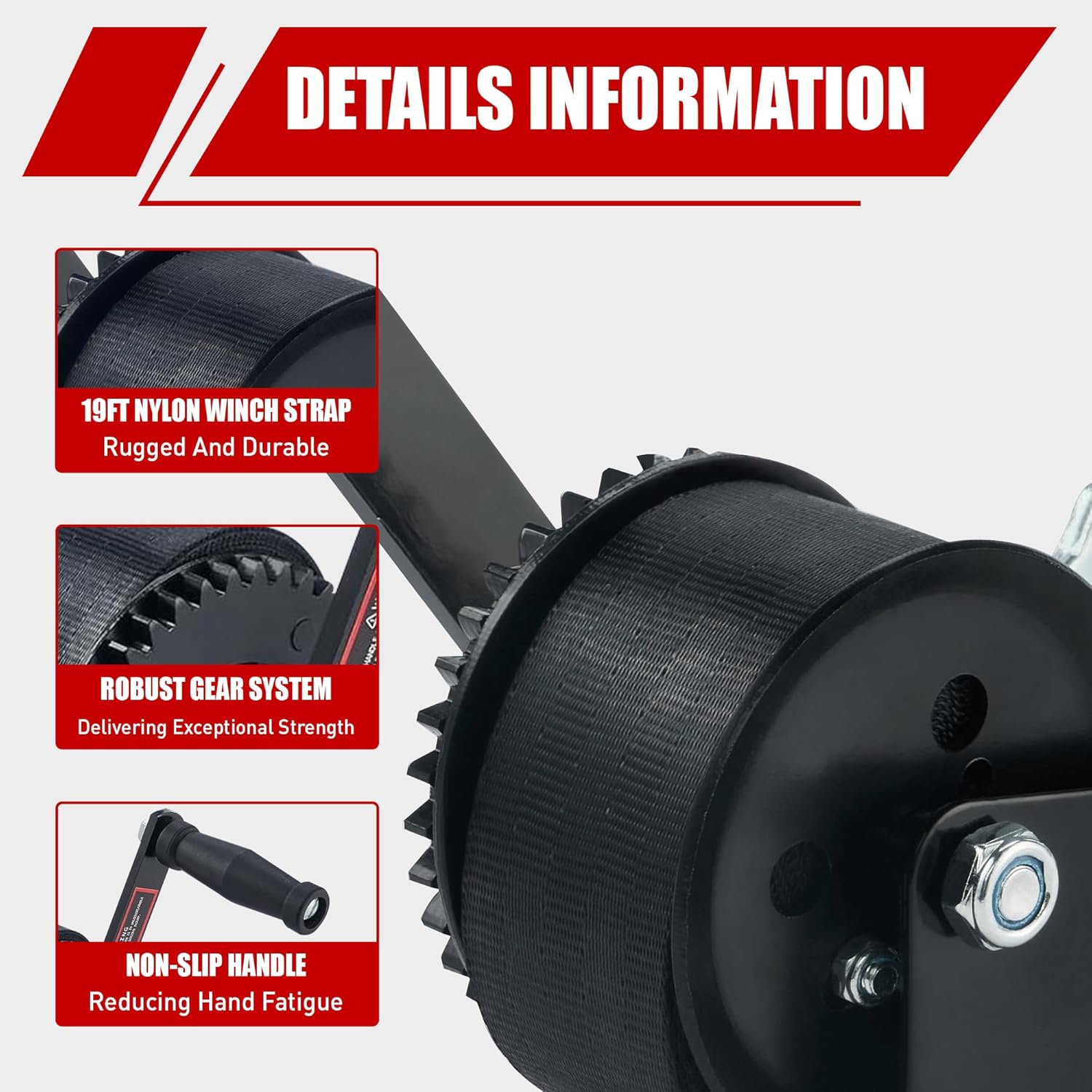 TYT 600LB Boat Trailer Winch with Black Polyester Strap, Anti-Slip Handle Crank Gear Hand Winch, Portable Two-Way Ratchet Forward & Backward Manual Rope Winch for ATV UTV Jet Ski Trailer Small Winch - Image 3