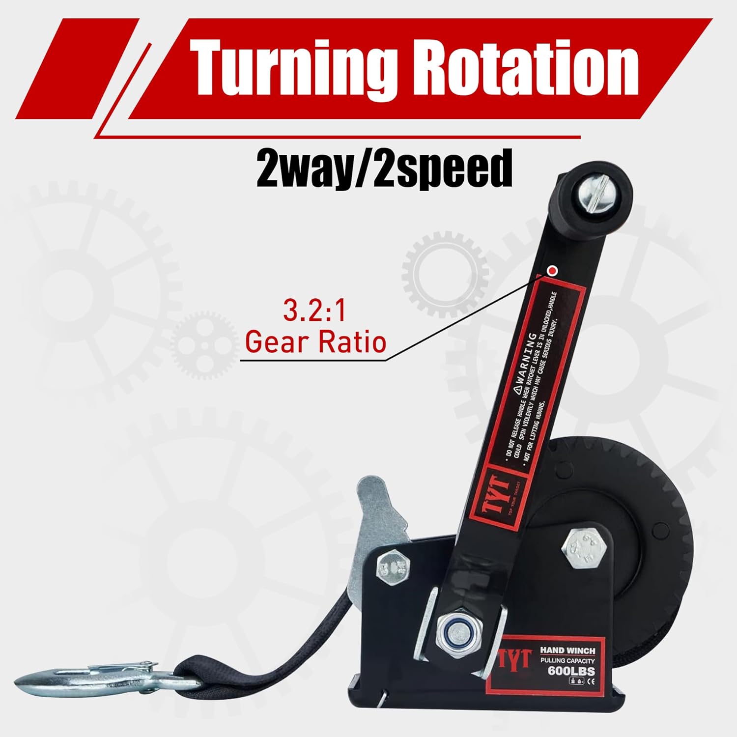 TYT 600LB Boat Trailer Winch with Black Polyester Strap, Anti-Slip Handle Crank Gear Hand Winch, Portable Two-Way Ratchet Forward & Backward Manual Rope Winch for ATV UTV Jet Ski Trailer Small Winch - Image 4