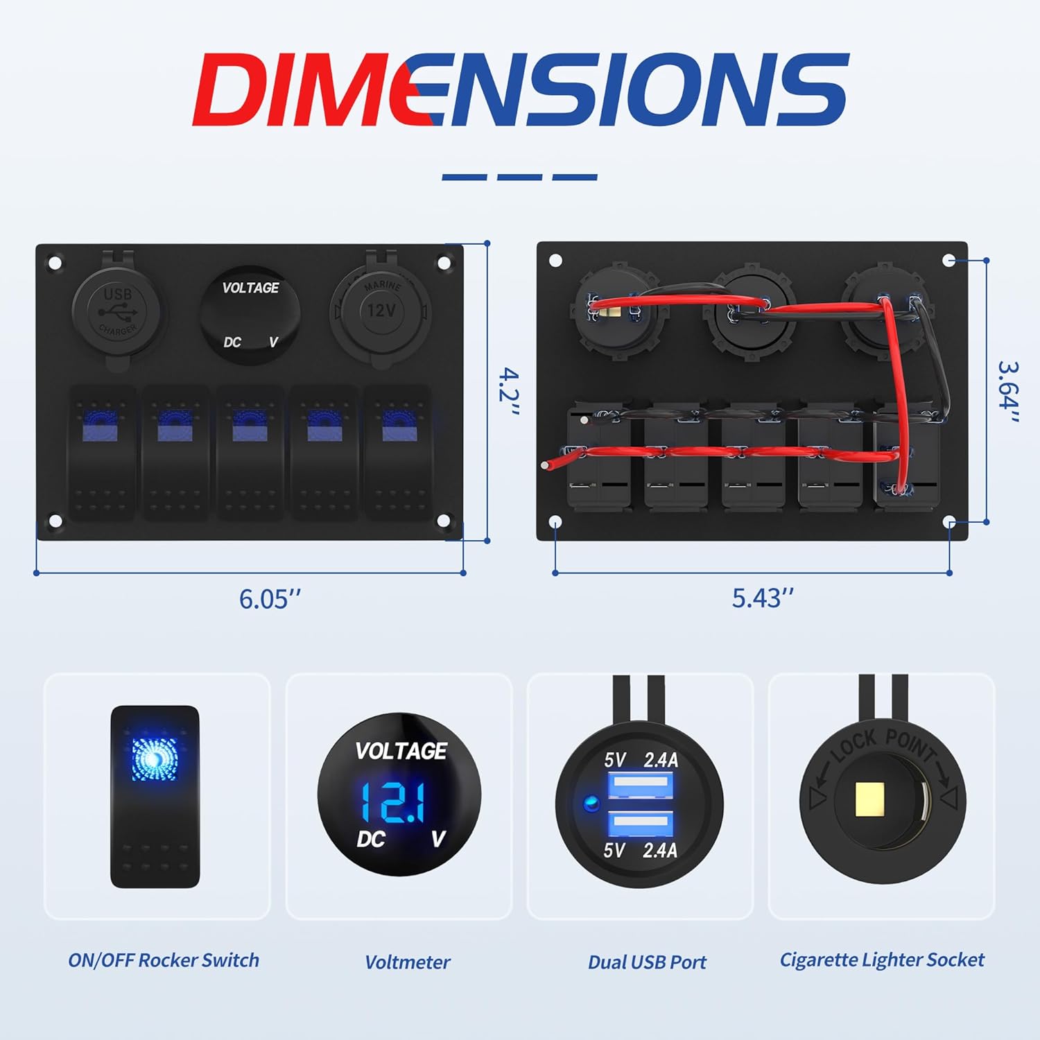 Waterproof Marine Switch Panel, 5 Gang Rocker Switch Panel 12V/24V Aluminum for Boat, 4.8A Dual USB Port, Cigarette Lighter Socket, LED Voltmeter, Pre-Wired 12 Volt Switch Panel for RV, Truck, Yacht