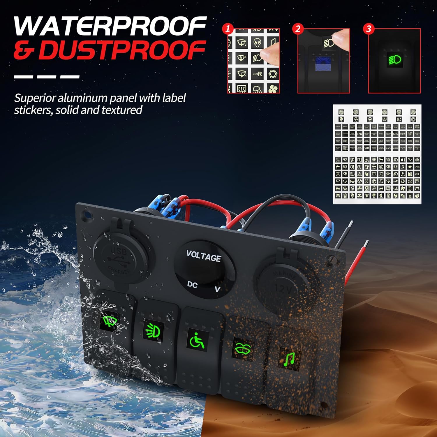 Waterproof Marine Switch Panel, 5 Gang Rocker Switch Panel 12V/24V Aluminum for Boat, 4.8A Dual USB Port, Cigarette Lighter Socket, LED Voltmeter, Pre-Wired 12 Volt Switch Panel for RV, Truck, Yacht - Image 2