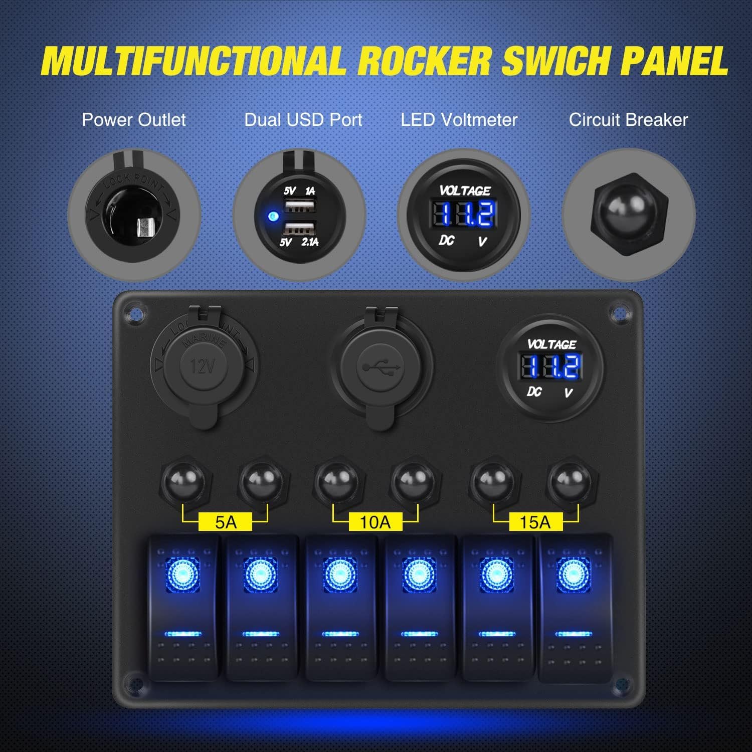 Nilight 6 Gang ON Off Rocker Switch Panel 12V Voltmeter Dual USB Charger Cigarette Lighter Socket For RV Truck Boat , 2 Years Warranty - Image 2