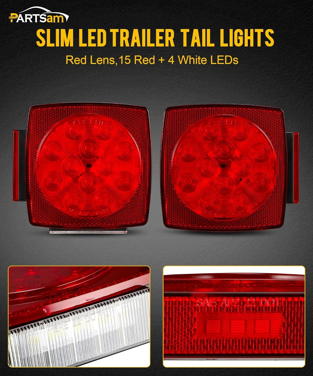 Partsam Pair Slim Square LED Trailer Light Submersible Tail Lights 15 Red 4 White LEDs 5050 SMD Stop Turn Tail with Side Clearance and License Lights for Under 80" Boat Trailer 12V IP67 Red Lens
