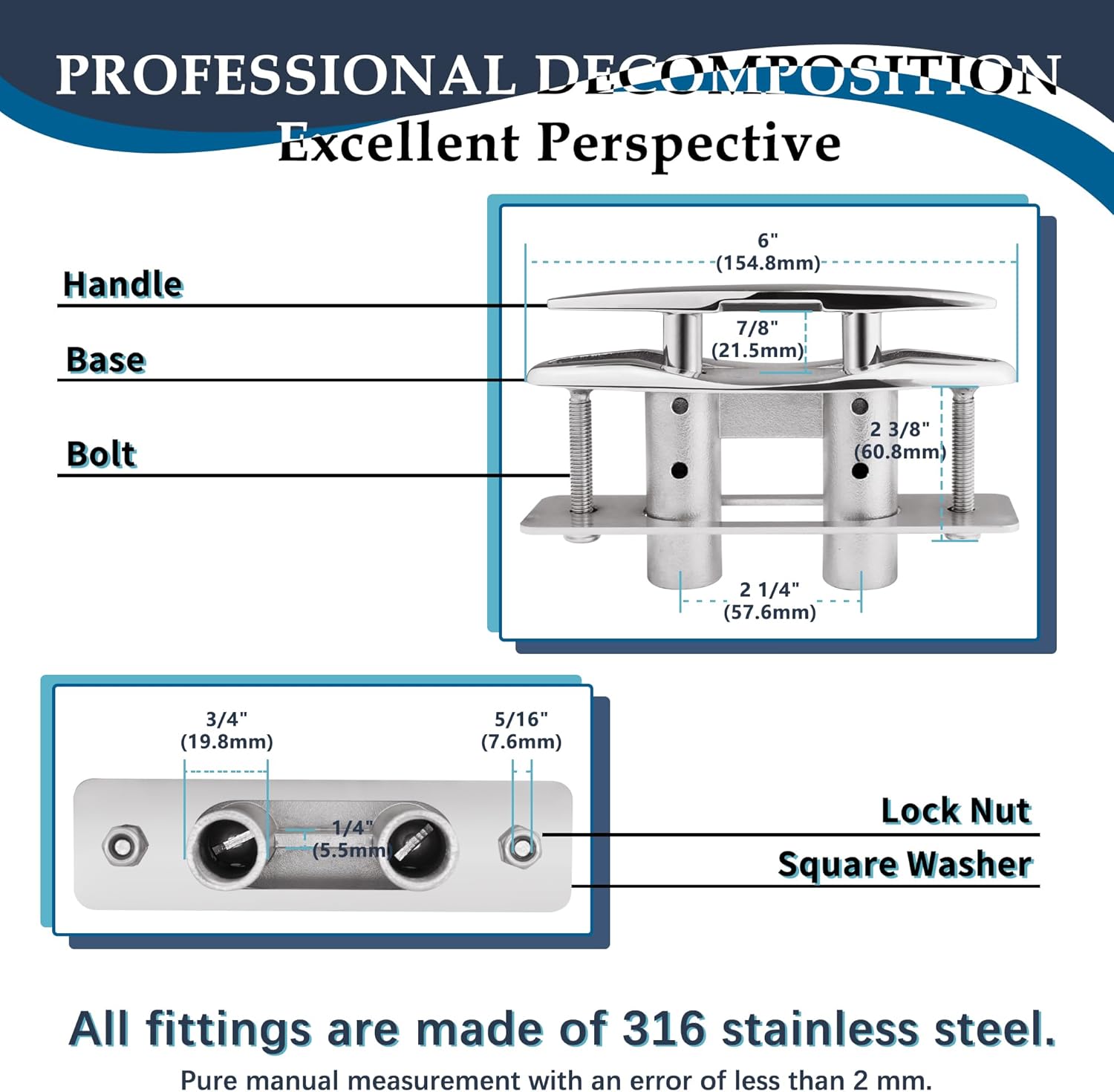 SHENGHUISS Boat Cleats 316 Stainless Steel Pop Up Cleat Retractable Heavy Duty Pull Up Cleat Flush Mount Deck Cleats with Backing Plate and Lock Nuts(5"/6"/8"/10") - Image 3