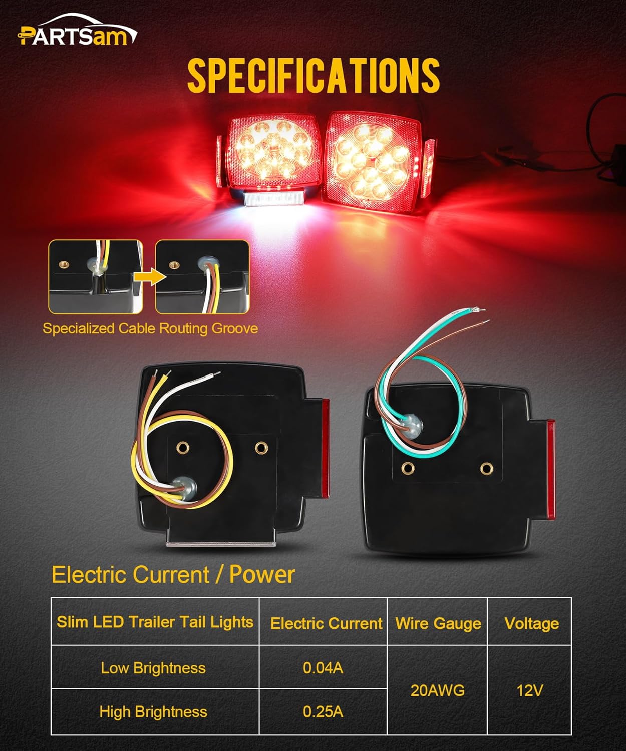 Partsam Pair Slim Square LED Trailer Light Submersible Tail Lights 15 Red 4 White LEDs 5050 SMD Stop Turn Tail with Side Clearance and License Lights for Under 80" Boat Trailer 12V IP67 Red Lens - Image 3