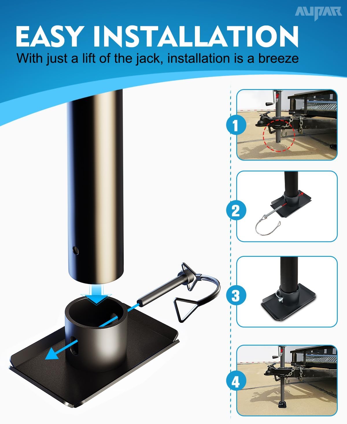 Aupar Trailer Jack Foot Plate with Pin Base, 5000lbs Capacity Foot Pad Compatible with Boat Trailer Jack Tongue Parts, Boat Hitch Camper, RV, A-Frame Boat - Black - Image 4