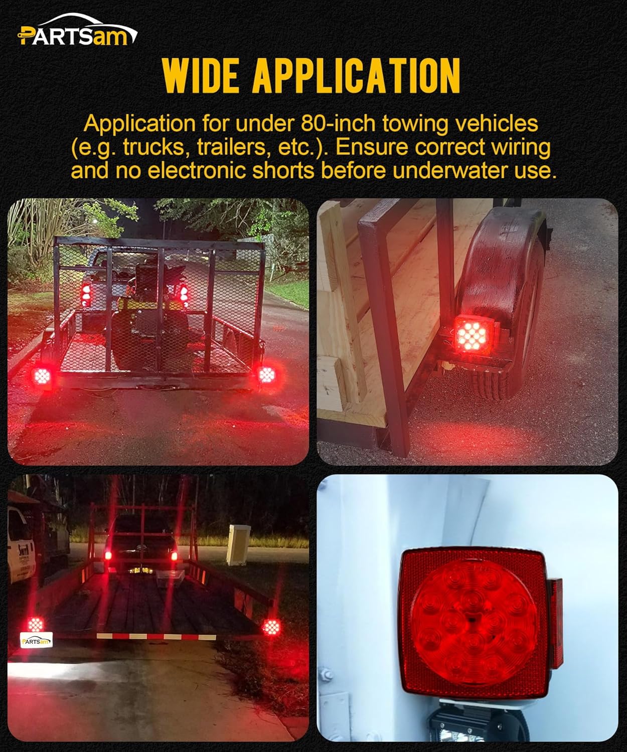 Partsam Pair Slim Square LED Trailer Light Submersible Tail Lights 15 Red 4 White LEDs 5050 SMD Stop Turn Tail with Side Clearance and License Lights for Under 80" Boat Trailer 12V IP67 Red Lens - Image 4