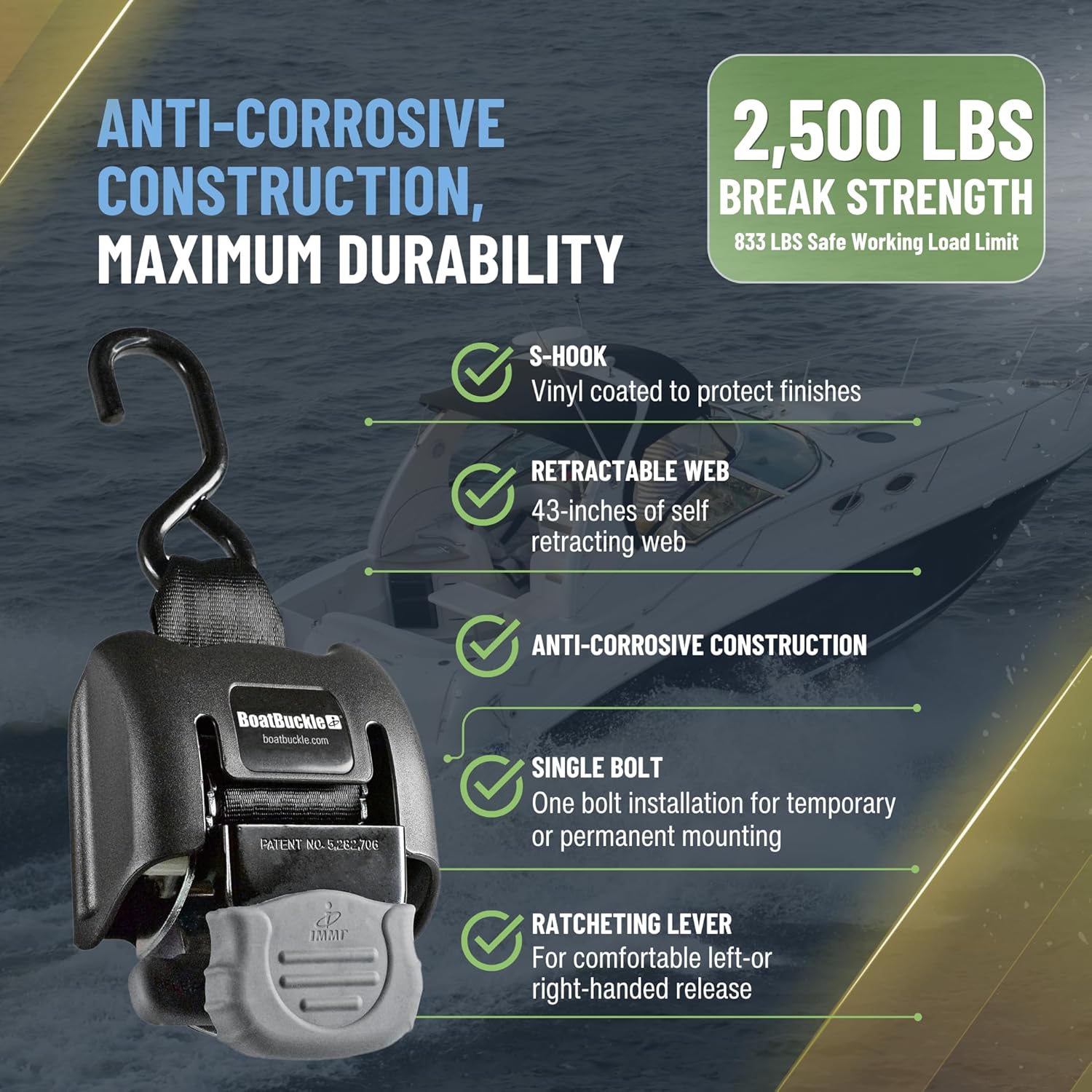 BoatBuckle G2 Transom Boat Tie Down Straps to Trailer 2x43-Inch, 2500lbs Break Strength, Bolt On Retractable Ratchet Straps Heavy Duty, 2-Pack - Image 2