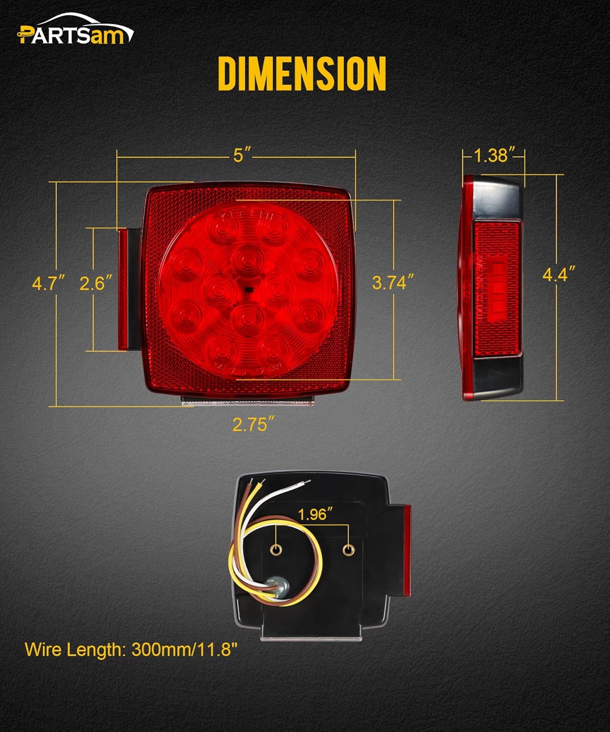 Partsam Pair Slim Square LED Trailer Light Submersible Tail Lights 15 Red 4 White LEDs 5050 SMD Stop Turn Tail with Side Clearance and License Lights for Under 80" Boat Trailer 12V IP67 Red Lens - Image 5