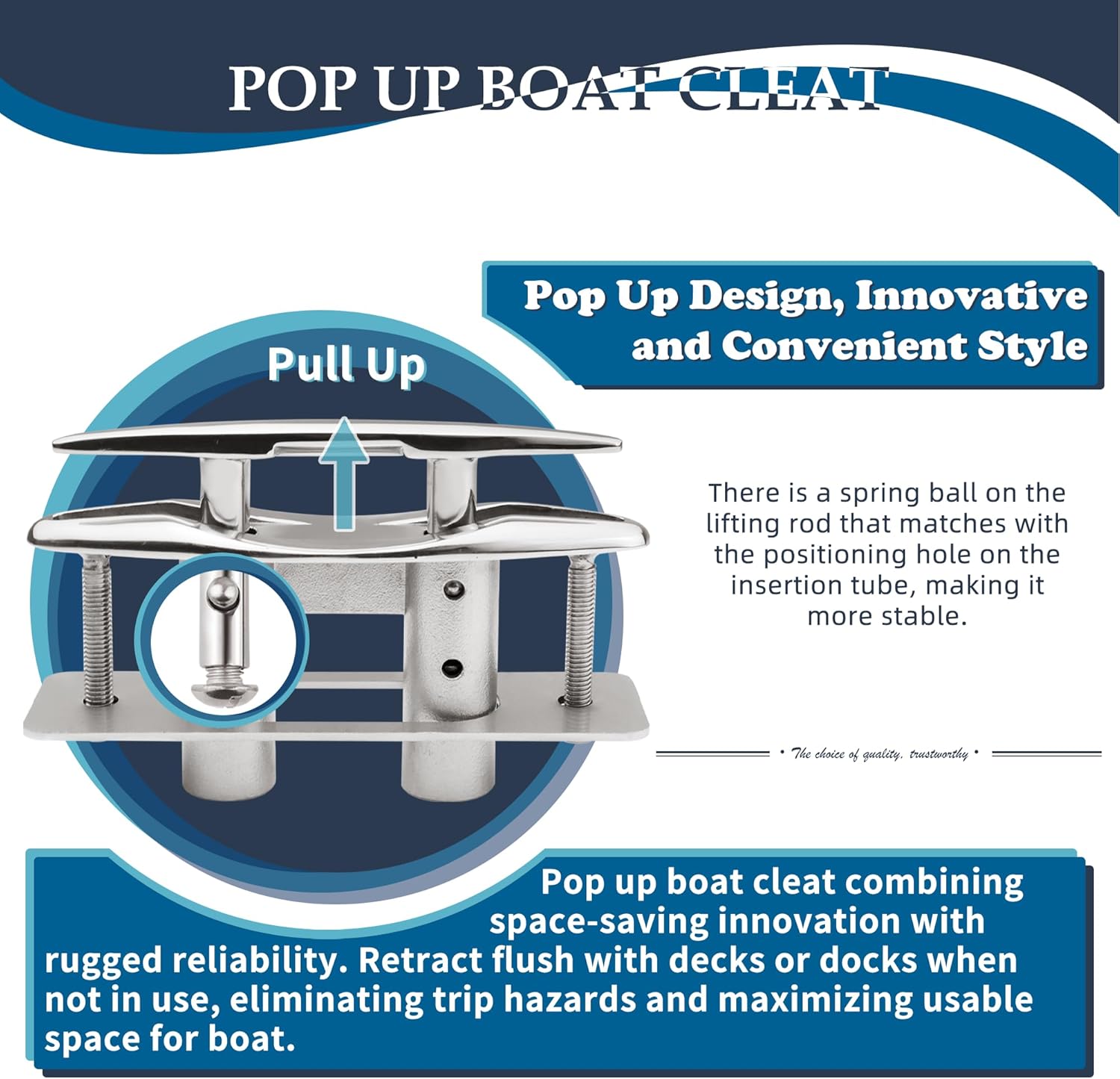 SHENGHUISS Boat Cleats 316 Stainless Steel Pop Up Cleat Retractable Heavy Duty Pull Up Cleat Flush Mount Deck Cleats with Backing Plate and Lock Nuts(5"/6"/8"/10") - Image 4