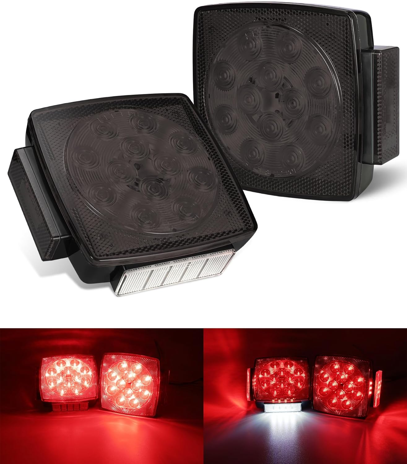 Partsam Pair Slim Square LED Trailer Light Submersible Tail Lights 15 Red 4 White LEDs 5050 SMD Stop Turn Tail with Side Clearance and License Lights for Under 80" Boat Trailer 12V IP67 Red Lens - Image 7