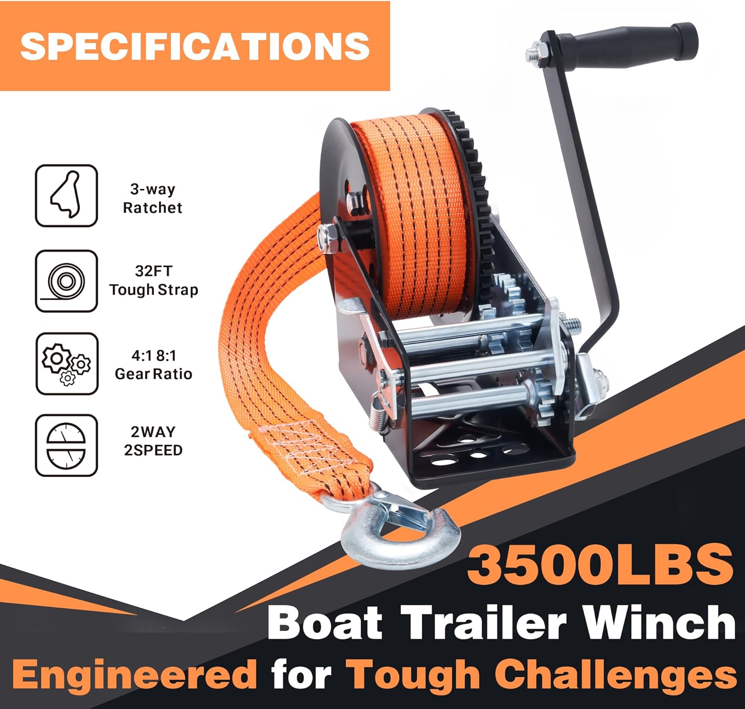 OPENROAD 3500LB Boat Trailer Winch - Heavy Duty Hand Winch with 32 FT Orange Strap, 2-Way Ratchet With 4:1/8:1 Gear - Ideal for Boat, Truck, Trailer, RV, ATV and Jet Ski - Includes Installation Screws