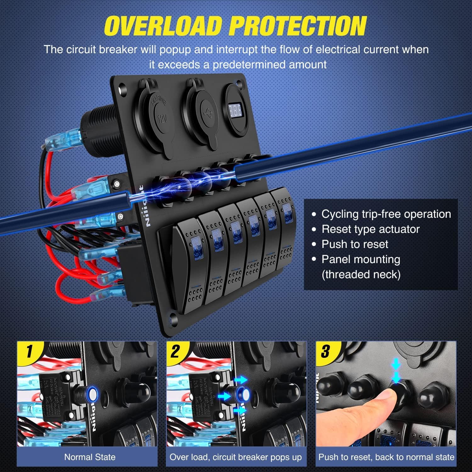 Nilight 6 Gang ON Off Rocker Switch Panel 12V Voltmeter Dual USB Charger Cigarette Lighter Socket For RV Truck Boat , 2 Years Warranty