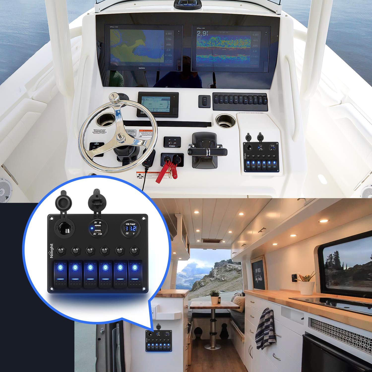 Nilight 6 Gang ON Off Rocker Switch Panel 12V Voltmeter Dual USB Charger Cigarette Lighter Socket For RV Truck Boat , 2 Years Warranty - Image 3