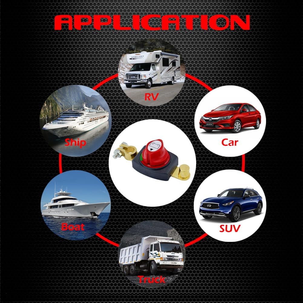 Ampper Top Post Battery Disconnect Switch 12V - 48V, Marine Battery Switch Disconnect Power Cut Shut Off for Car, RV and Boat (Negative, On/Off) - Image 7