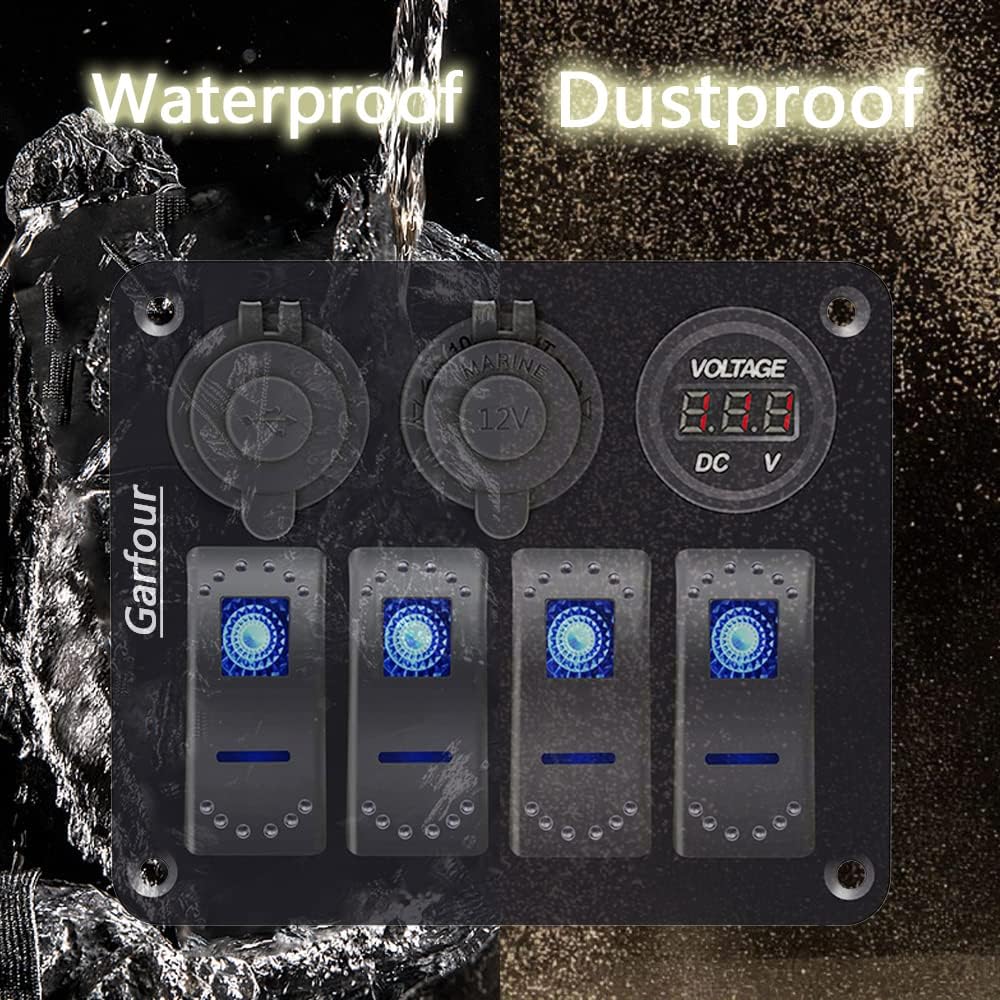 Garfour 4 Gang Boat Switch Panel, Marine-Grade Waterproof Aluminum Switch Panel with 12V Voltmeter, 3.1A Dual USB Charger &Lighter Socket - Universal for Marine, RV, Truck Control Dashboards
