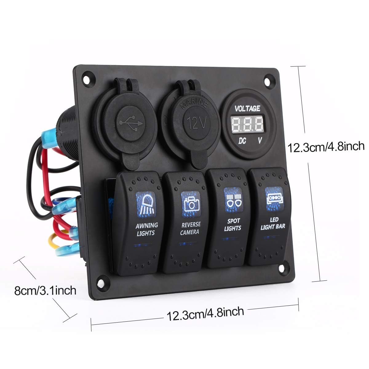 Garfour 4 Gang Boat Switch Panel, Marine-Grade Waterproof Aluminum Switch Panel with 12V Voltmeter, 3.1A Dual USB Charger &Lighter Socket - Universal for Marine, RV, Truck Control Dashboards - Image 4