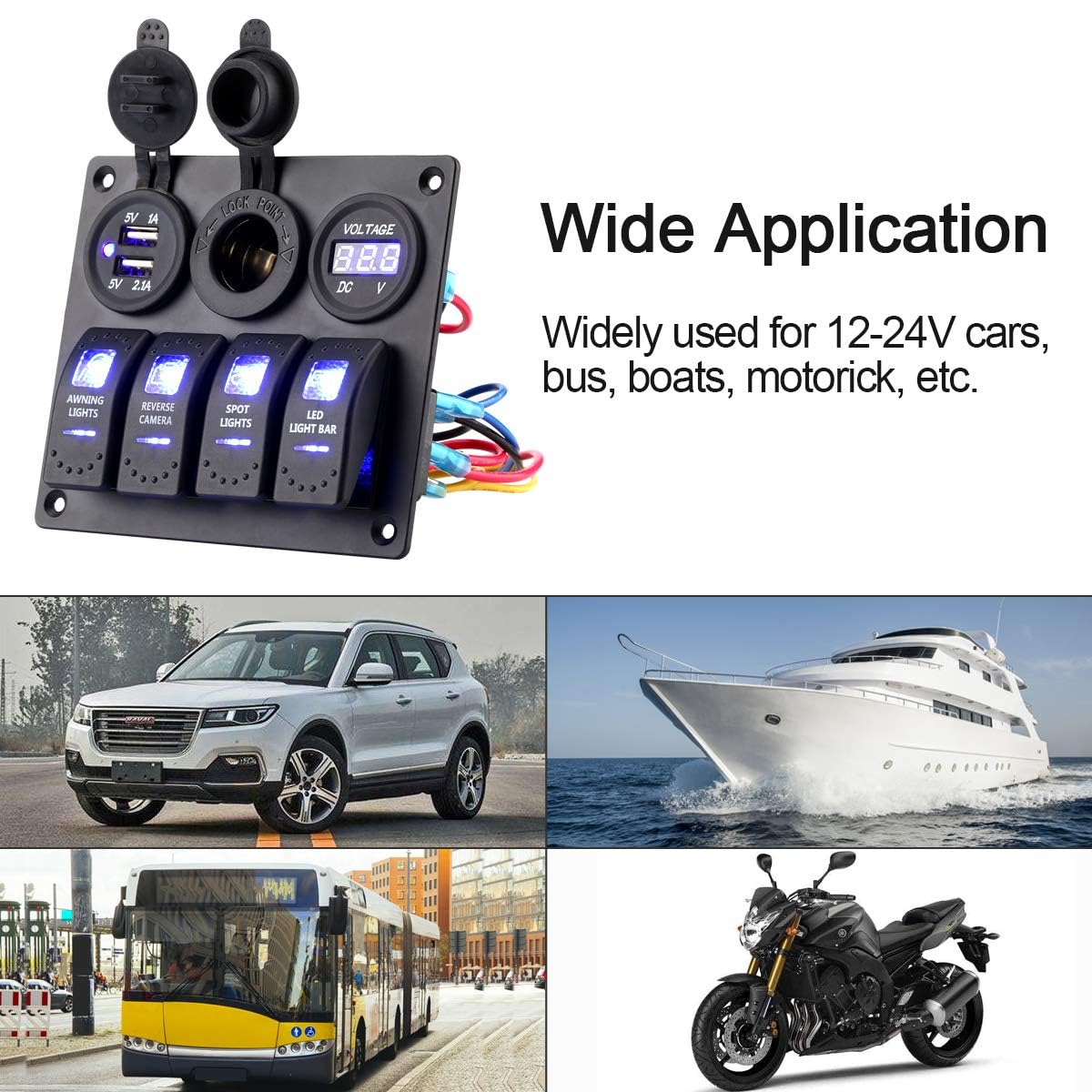 Garfour 4 Gang Boat Switch Panel, Marine-Grade Waterproof Aluminum Switch Panel with 12V Voltmeter, 3.1A Dual USB Charger &Lighter Socket - Universal for Marine, RV, Truck Control Dashboards - Image 5