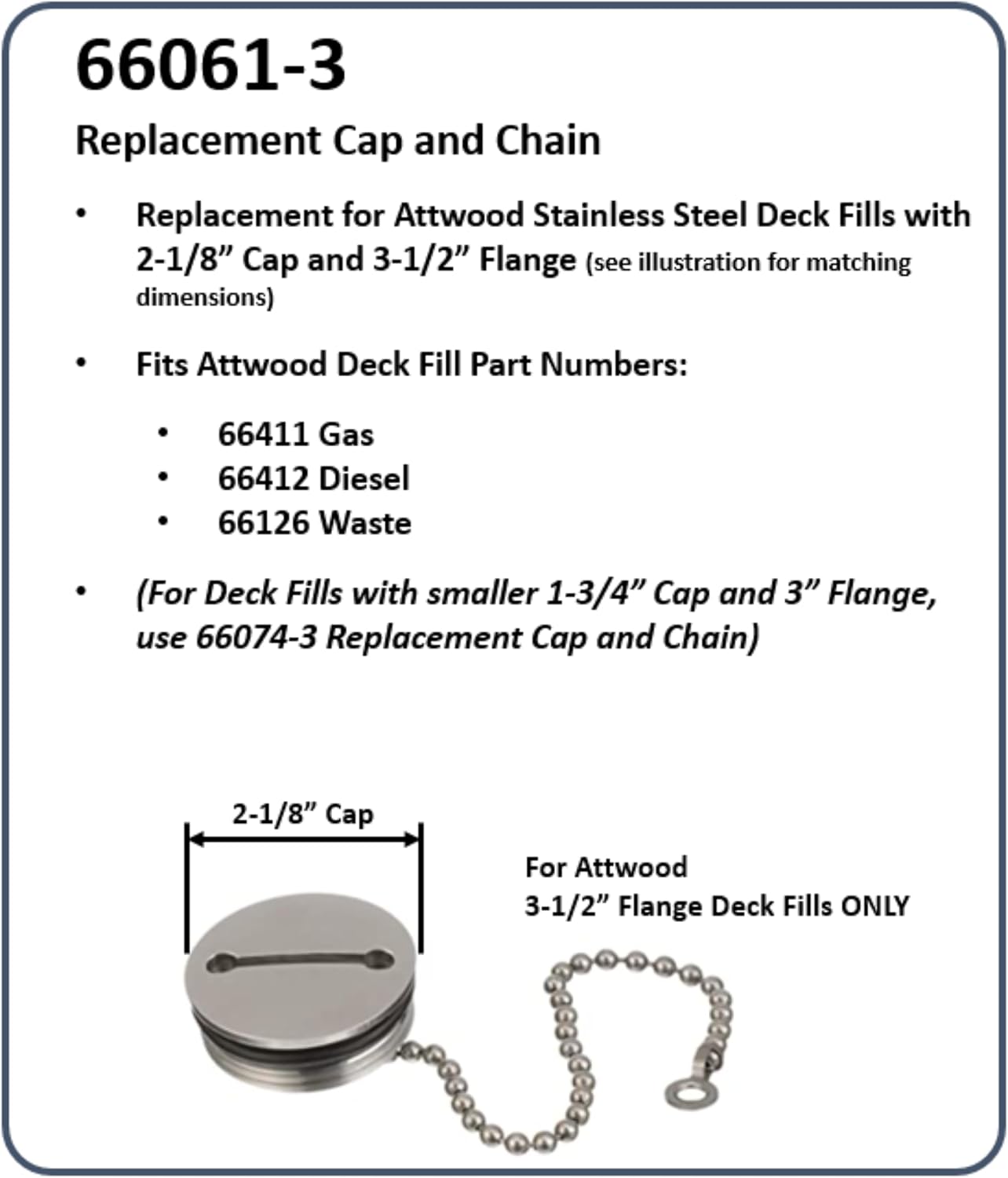 Attwood Replacement Stainless Steel 2" Deck Fill Cap with Chain - Boat Replacement Stainless Steel 2" Deck Fill Cap 66061-3 with Chain - Boat, Silver - Image 2