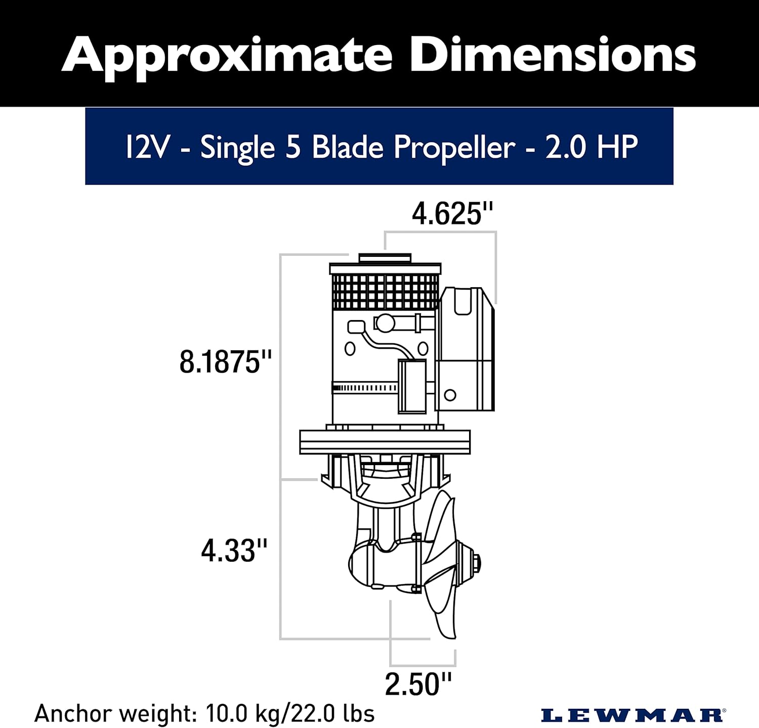 Lewmar 110TT Boat Thruster Kit 1.5 W, Single 5-Blade Propeller, 1.5kW 2.0 HP 12-Volt Motor with Joystick Control, 7-Meter Cable, Thrust Tunnel, Fuse and Holder
