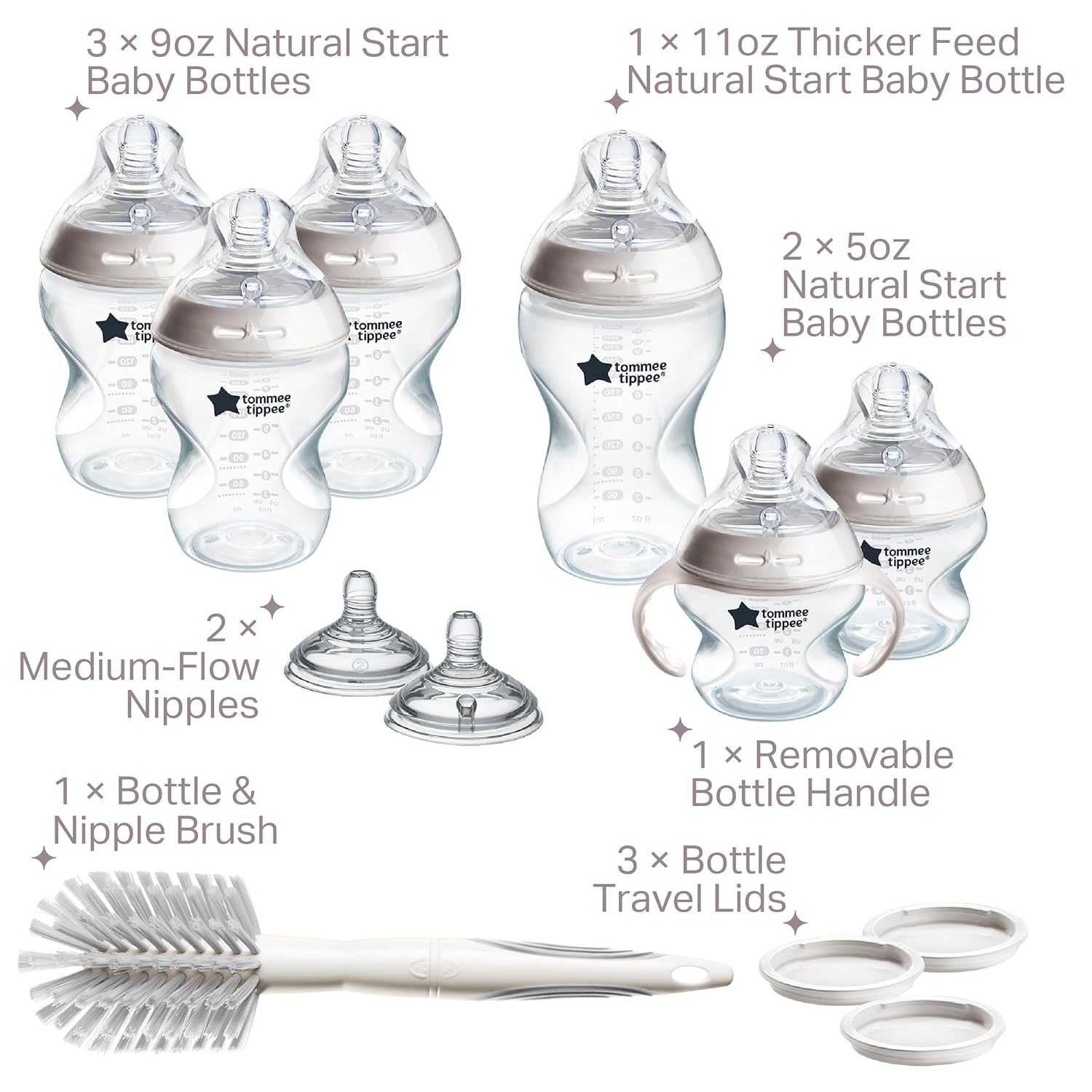 Tommee Tippee Natural Start 12 Piece BPA Free Bottle Set, Includes 2 x 5 oz, 3 x 9 oz, 1 x 11 oz Bottles, Newborn 0+ Months, Slow, Medium & Thicker Flow Breast-Like Nipples, Cleaning Brush, Clear