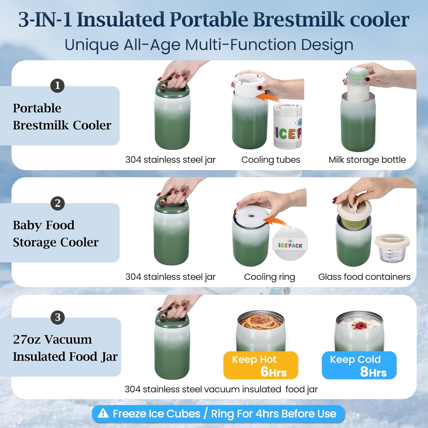 3-in-1 Breast Milk Cooler for 24H 360° Cooling, 11oz Breastmilk Chiller with Bottle & 8oz Baby Food Containers & 27oz Insulated Food Jar, Fits from Baby to Adult for Outdoor, Work & Travel - Green - Image 2