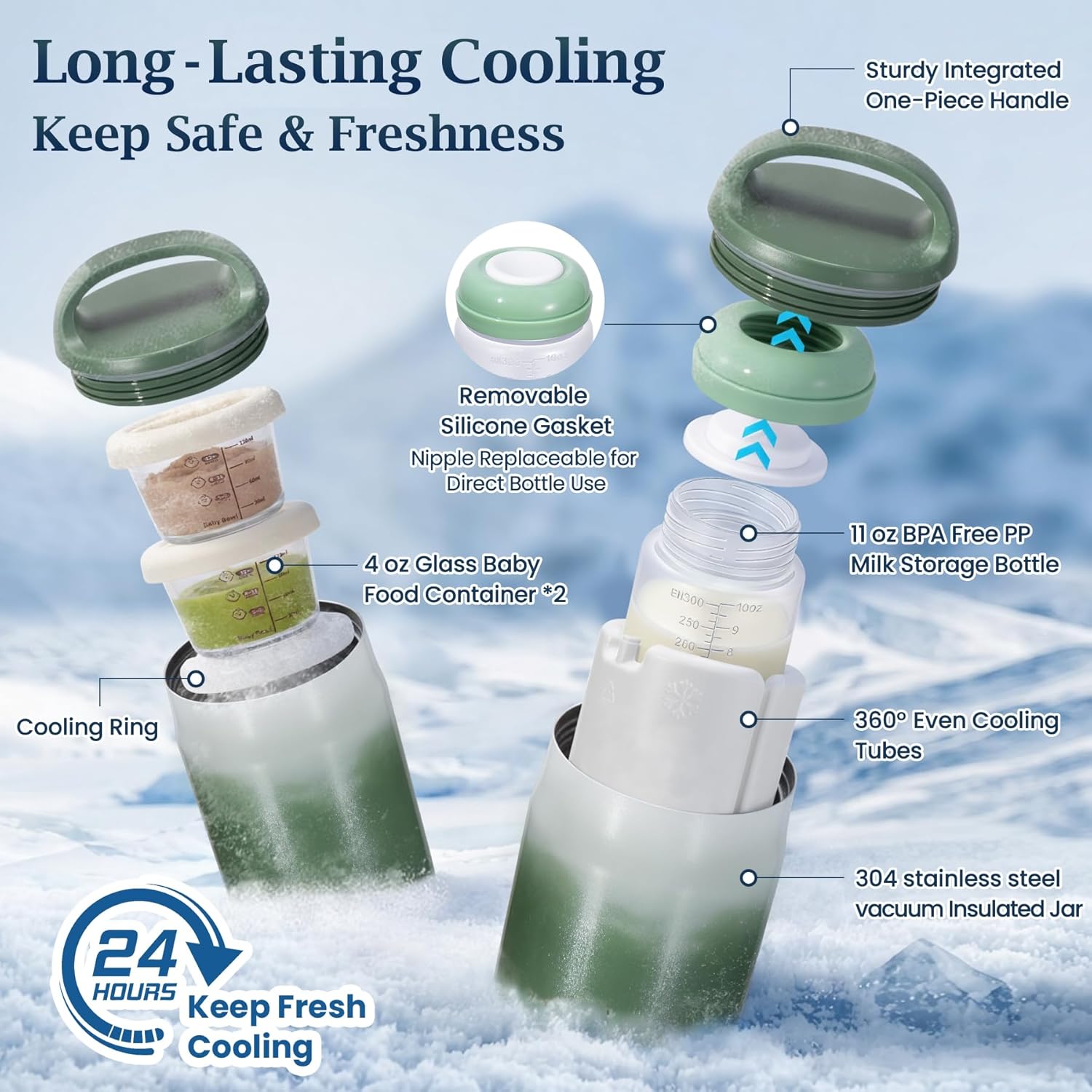 3-in-1 Breast Milk Cooler for 24H 360° Cooling, 11oz Breastmilk Chiller with Bottle & 8oz Baby Food Containers & 27oz Insulated Food Jar, Fits from Baby to Adult for Outdoor, Work & Travel - Green - Image 3