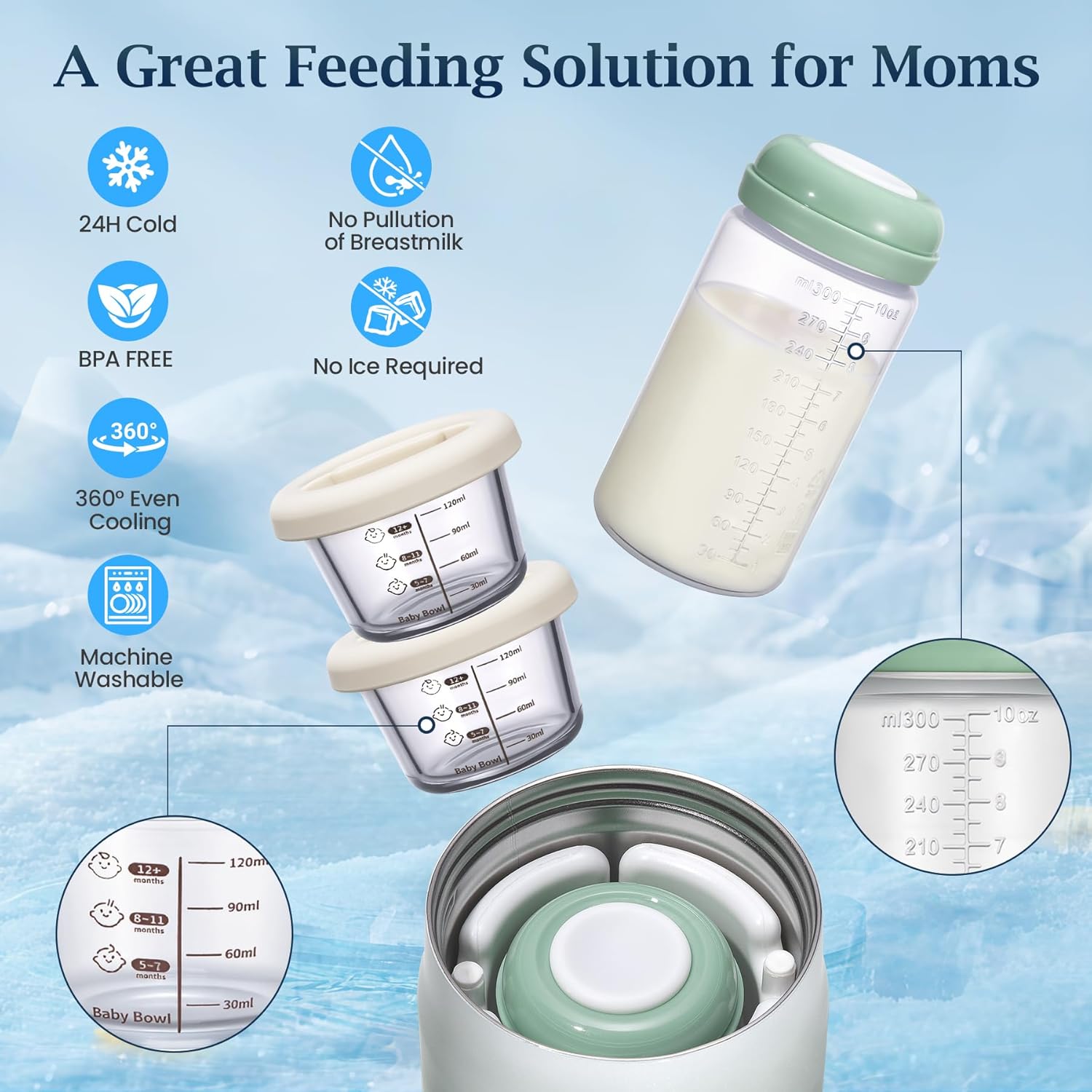3-in-1 Breast Milk Cooler for 24H 360° Cooling, 11oz Breastmilk Chiller with Bottle & 8oz Baby Food Containers & 27oz Insulated Food Jar, Fits from Baby to Adult for Outdoor, Work & Travel - Green - Image 5
