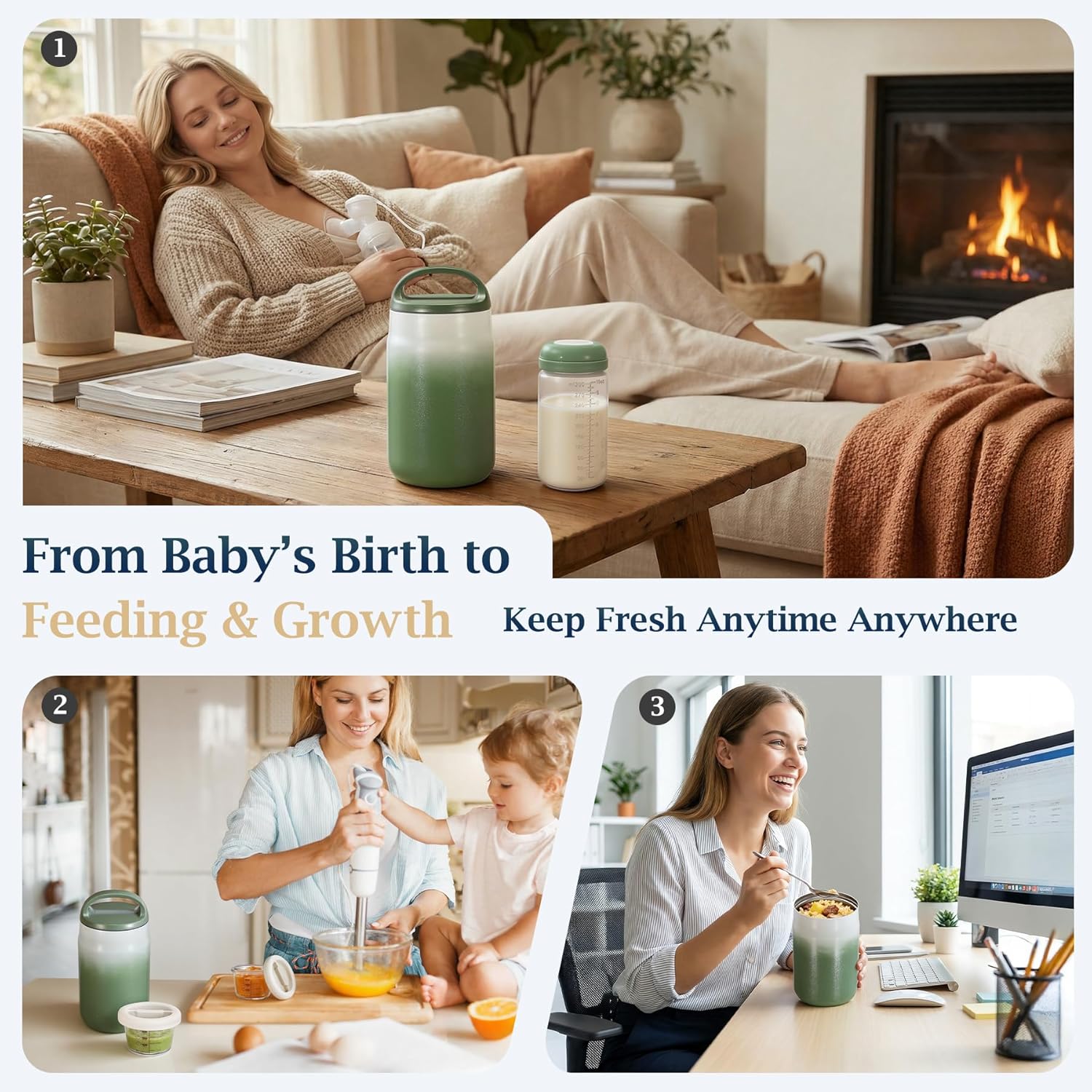 3-in-1 Breast Milk Cooler for 24H 360° Cooling, 11oz Breastmilk Chiller with Bottle & 8oz Baby Food Containers & 27oz Insulated Food Jar, Fits from Baby to Adult for Outdoor, Work & Travel - Green - Image 6