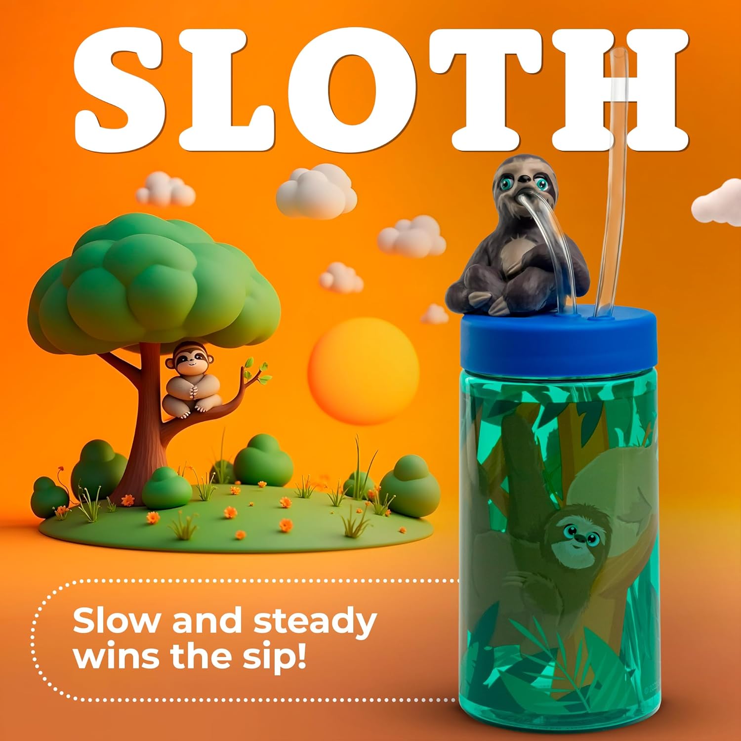 SIP WITH ME Kids Water Bottle, Toddler Cups, Tumbler with Lid and Straw, Travel Sippy Cup for Water or Milk, Kids Cups with Lids for Toddlers 3 and Up, BPA Free Plastic, 12 oz (Trend Zoo Sloth) - Image 2
