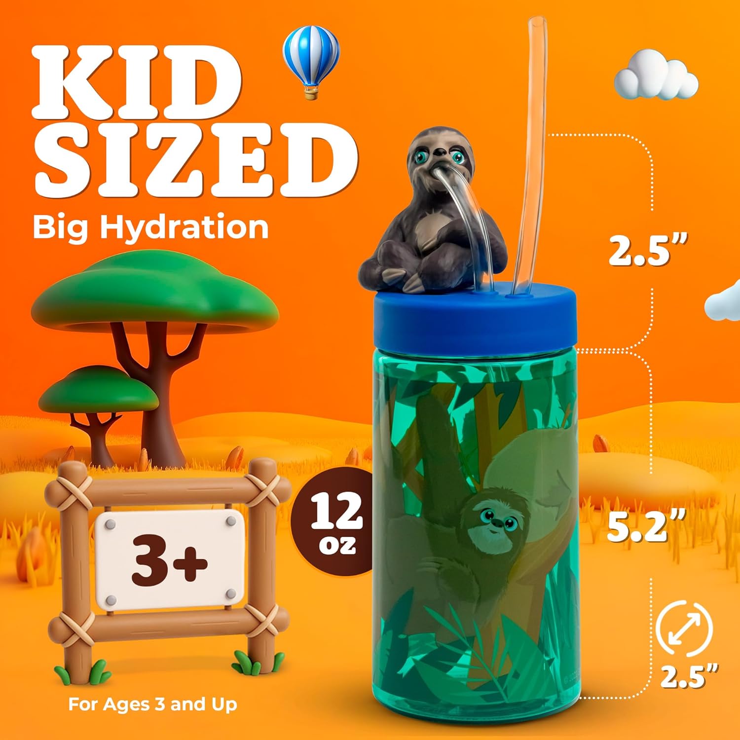 SIP WITH ME Kids Water Bottle, Toddler Cups, Tumbler with Lid and Straw, Travel Sippy Cup for Water or Milk, Kids Cups with Lids for Toddlers 3 and Up, BPA Free Plastic, 12 oz (Trend Zoo Sloth) - Image 4