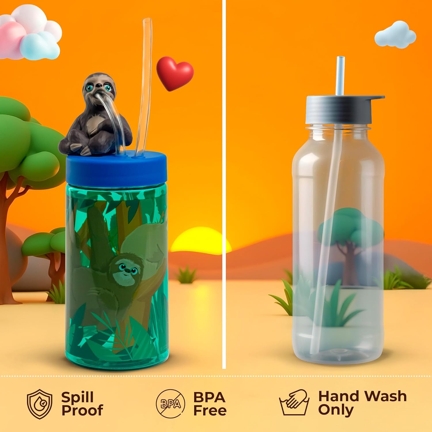 SIP WITH ME Kids Water Bottle, Toddler Cups, Tumbler with Lid and Straw, Travel Sippy Cup for Water or Milk, Kids Cups with Lids for Toddlers 3 and Up, BPA Free Plastic, 12 oz (Trend Zoo Sloth) - Image 5