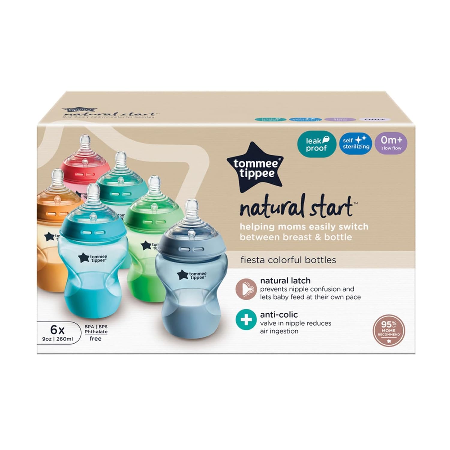 Tommee Tippee Natural Start Anti-Colic 9 oz BPA Free Baby Bottles, 0+ Months, Slow Flow Breast-Like Nipple, Self Sterilizing, Designed for Seamless Transition Between Bottle & Breast, Fiesta,Pack of 6 - Image 7