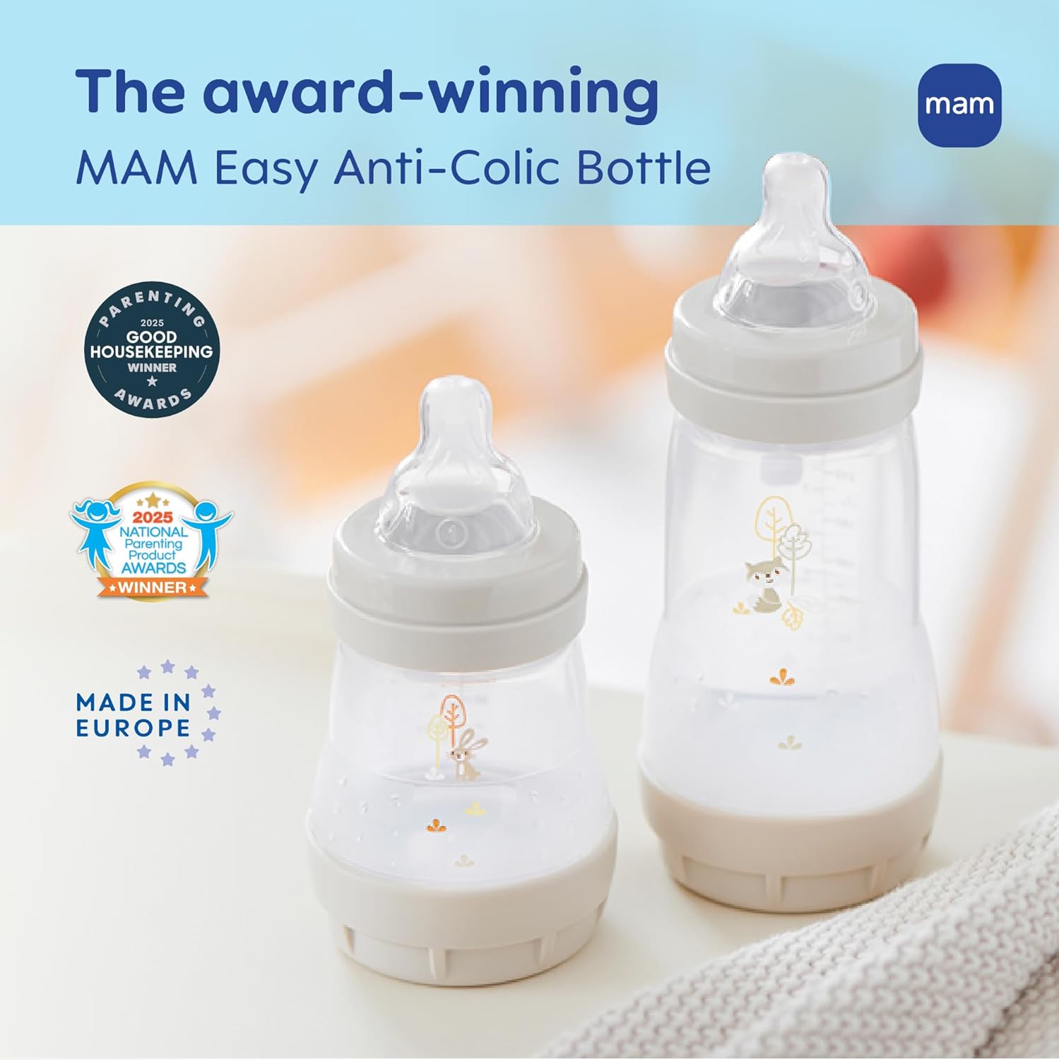 MAM 9oz Easy Start Anti-Colic Wide Neck Baby Bottle, Medium Flow Breastfeeding-Like Nipple, Reduces Colic Gas & Reflux, Easy to Clean, BPA Free, 2+ Months, Made in Europe, Bonus Fast Flow Nipple, 4 Pk - Image 5