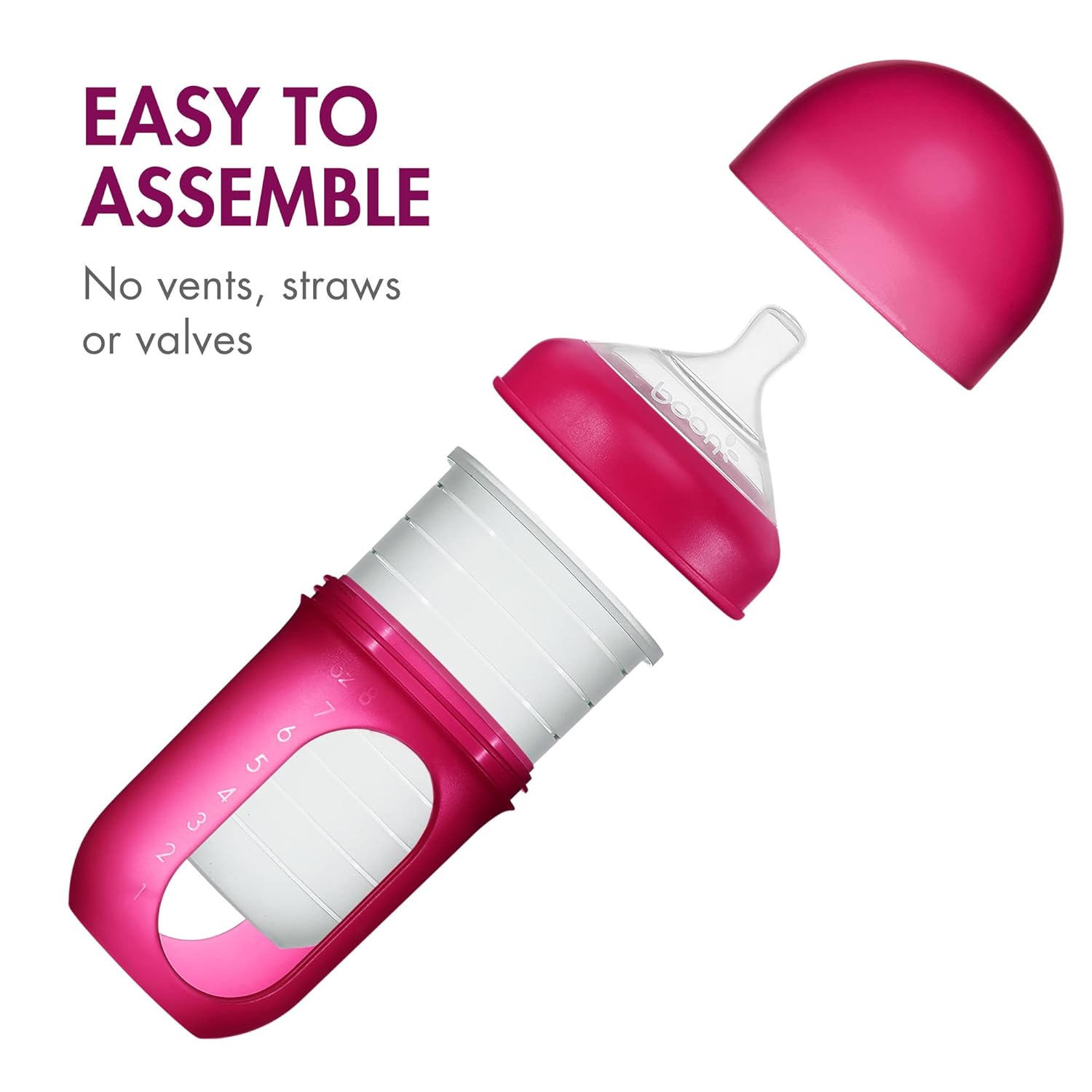 Boon Nursh Bottles - Silicone Baby Bottles Help Ease Colic Symptoms - Reusable Food-Grade Silicone Pouches with Polypropylene Shell - Medium Flow - 8 Oz - Pink - Image 2