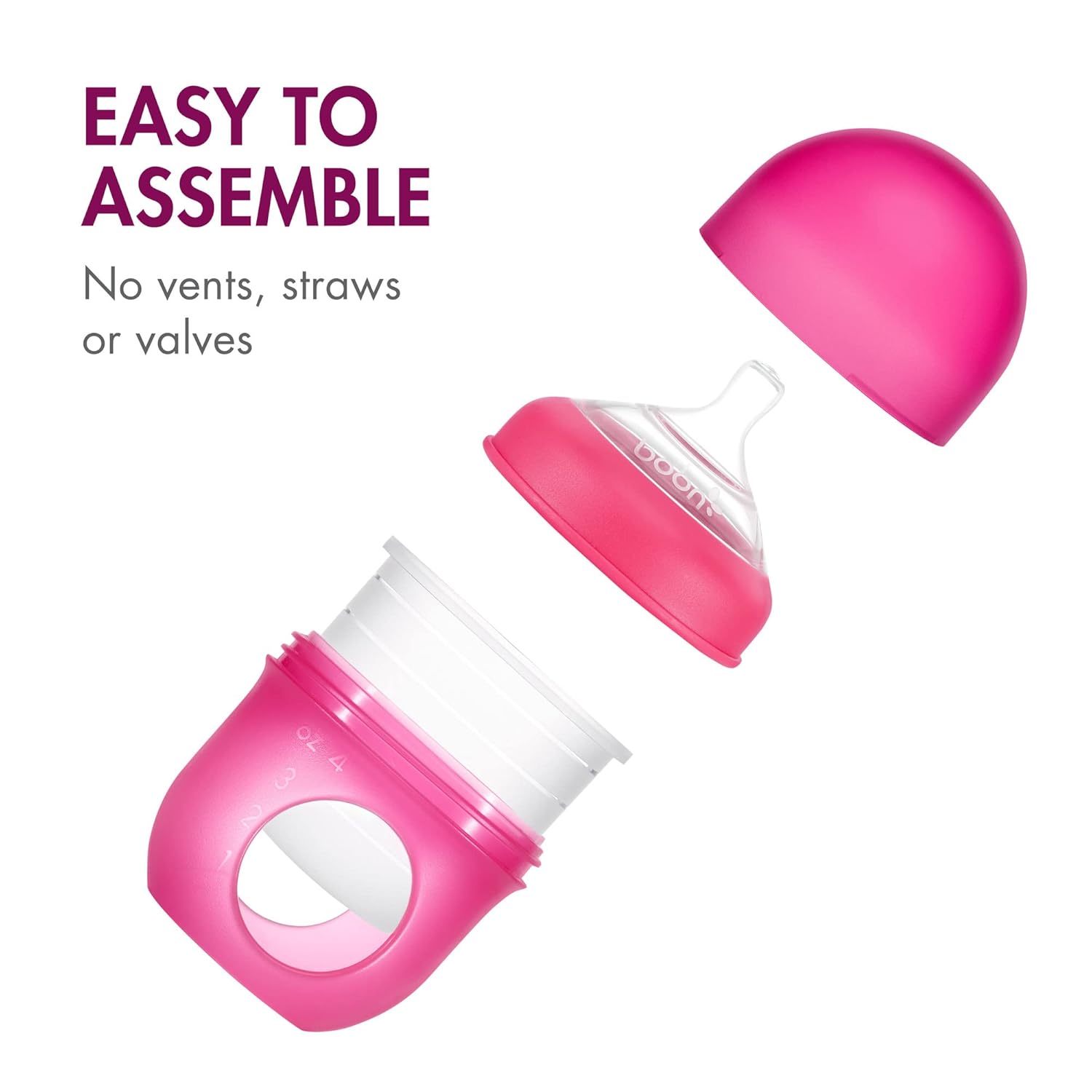 Boon Nursh Reusable Silicone Pouch Baby Bottles - Slow Flow Nipple - Silicone Baby Bottle Pouch and Nipple - Baby Feeding Essentials - Pink - 0-3 Months - 3 Count - 4 Ounce - Image 2