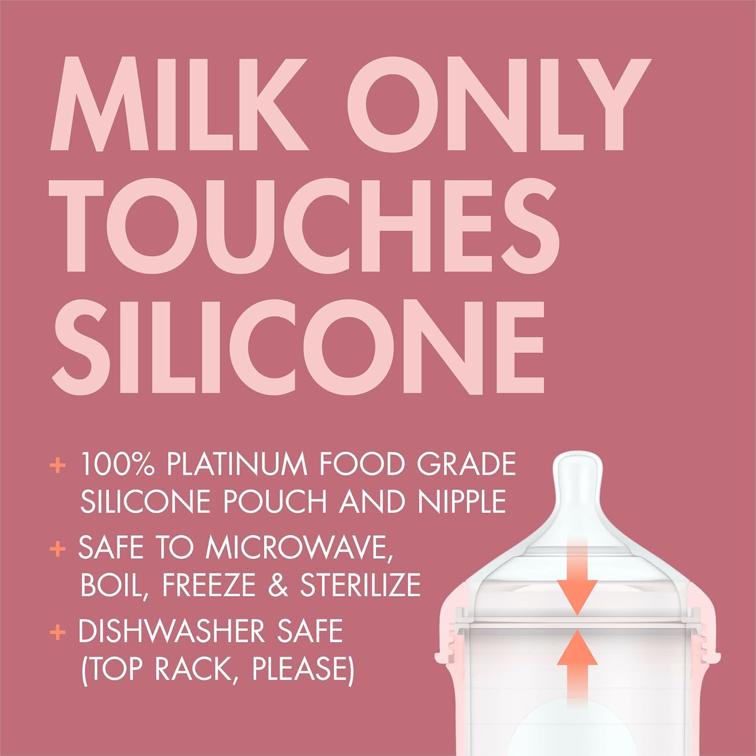 Boon Nursh Bottles - Silicone Baby Bottles Help Ease Colic Symptoms - Reusable Food-Grade Silicone Pouches with Polypropylene Shell - Medium Flow - 8 Oz - Pink - Image 3