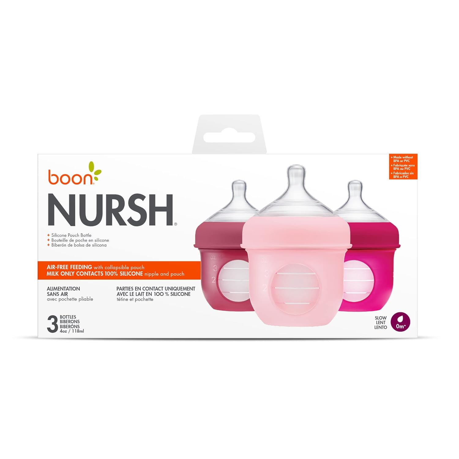 Boon Nursh Reusable Silicone Pouch Baby Bottles - Slow Flow Nipple - Silicone Baby Bottle Pouch and Nipple - Baby Feeding Essentials - Pink - 0-3 Months - 3 Count - 4 Ounce - Image 6