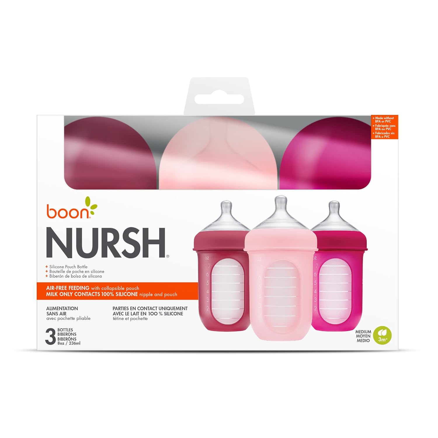 Boon Nursh Bottles - Silicone Baby Bottles Help Ease Colic Symptoms - Reusable Food-Grade Silicone Pouches with Polypropylene Shell - Medium Flow - 8 Oz - Pink - Image 6
