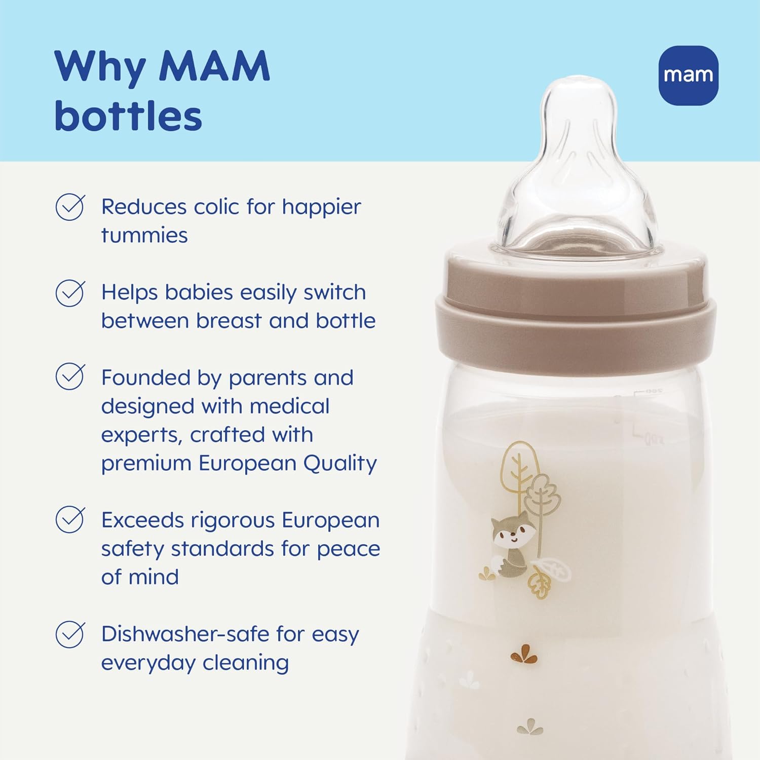 MAM 4.5oz Easy Start Anti-Colic Wide Neck Vented Baby Bottle, Extra Slow Flow Breastfeeding-Like Silicone Nipple, Reduces Colic, Gas & Reflux, Easy to Clean, BPA Free, 0+ Months, Made in Europe - Image 7
