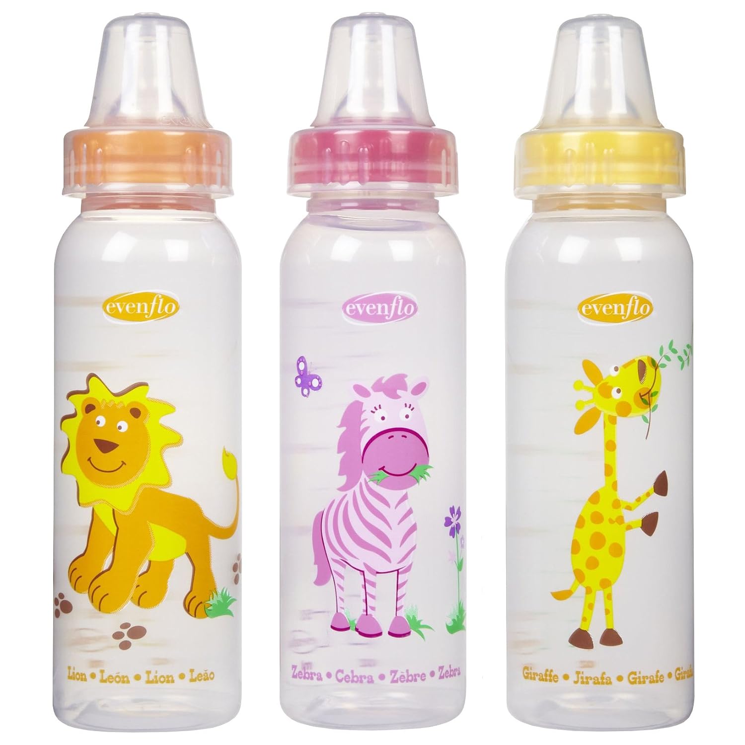 Evenflo Zoo Friends 3 Count Standard Nipple Bottle, 8 Ounce (Colors May Vary)