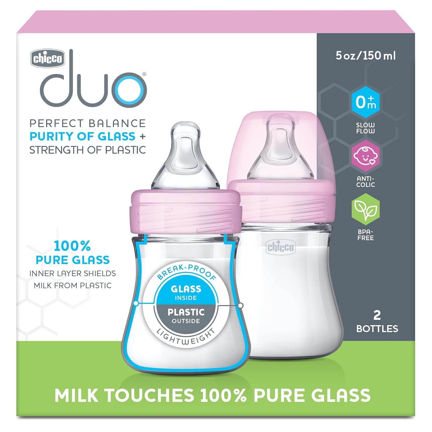 Chicco Duo 5oz. Hybrid Baby Bottle with Invinci-Glass Inside and Plastic Outside | Dishwasher, Bottle Warmer, and Electric Sterilizer Safe | Intui-Latch Nipple | Clear/Pink, 2pk