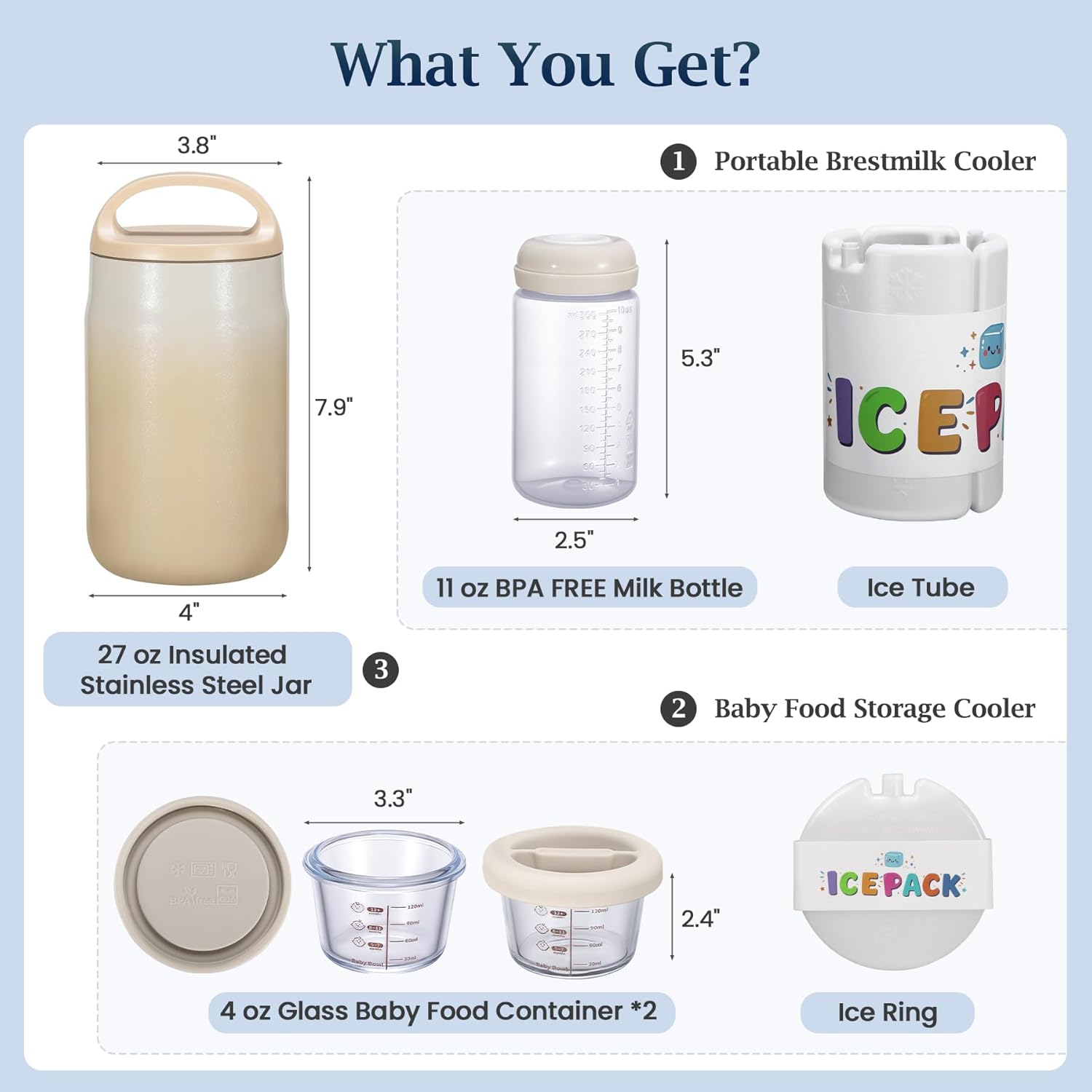3-in-1 Breast Milk Cooler for 24H 360° Cooling, 11oz Breastmilk Chiller with Bottle & 8oz Baby Food Containers & 27oz Insulated Food Jar, Fits from Baby to Adult for Outdoor, Work & Travel - Mocha